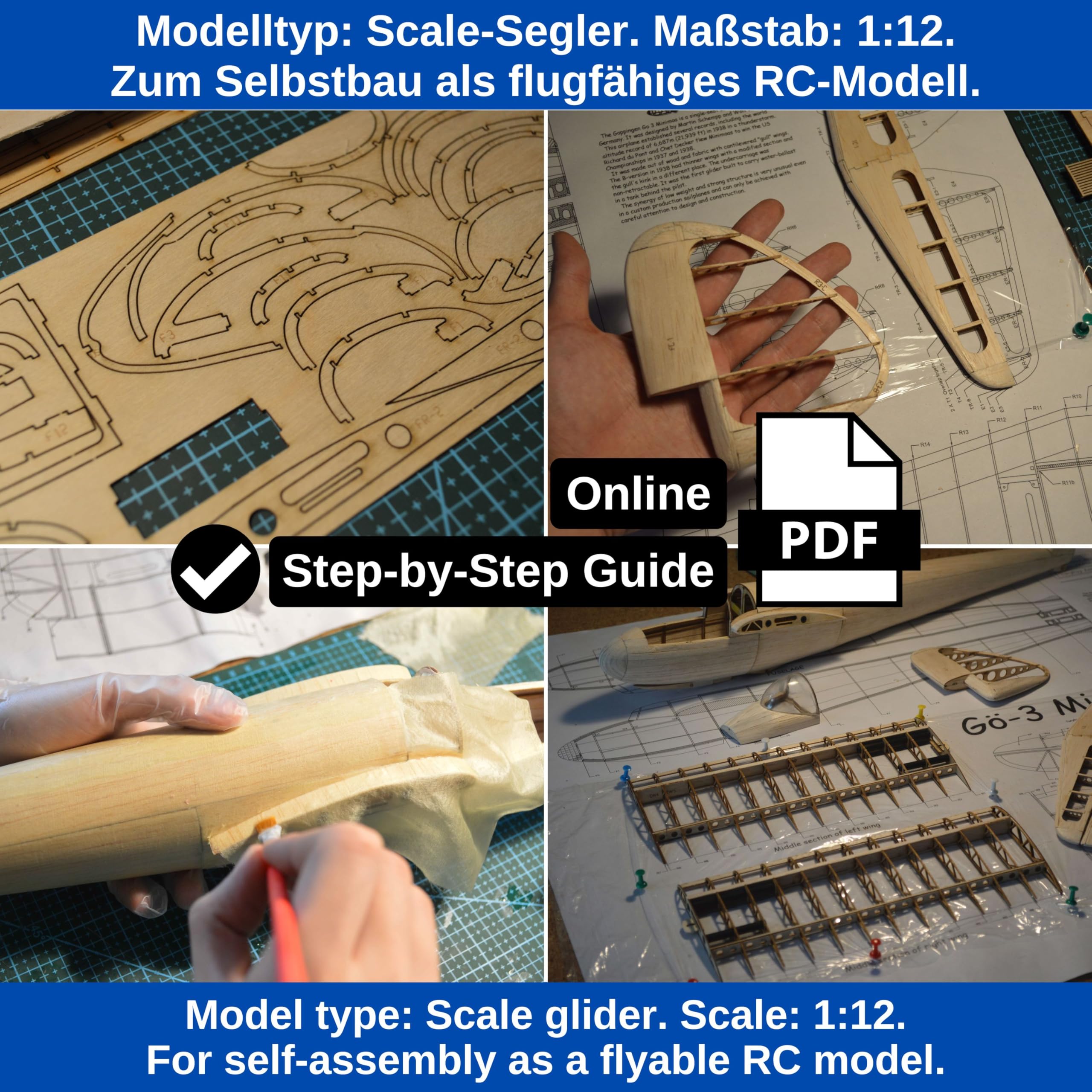Gö-3 Minimoa Modellflugzeug Kit, Maßstab 1:12, 1422 mm Spannweite, Lasercut Holz Bauteile, SD7032 Profil, 632 mm Rumpflänge, 320 g RTF, RC Gleiter Modell Holzbausatz, Modellbausatz zum selber Bauen