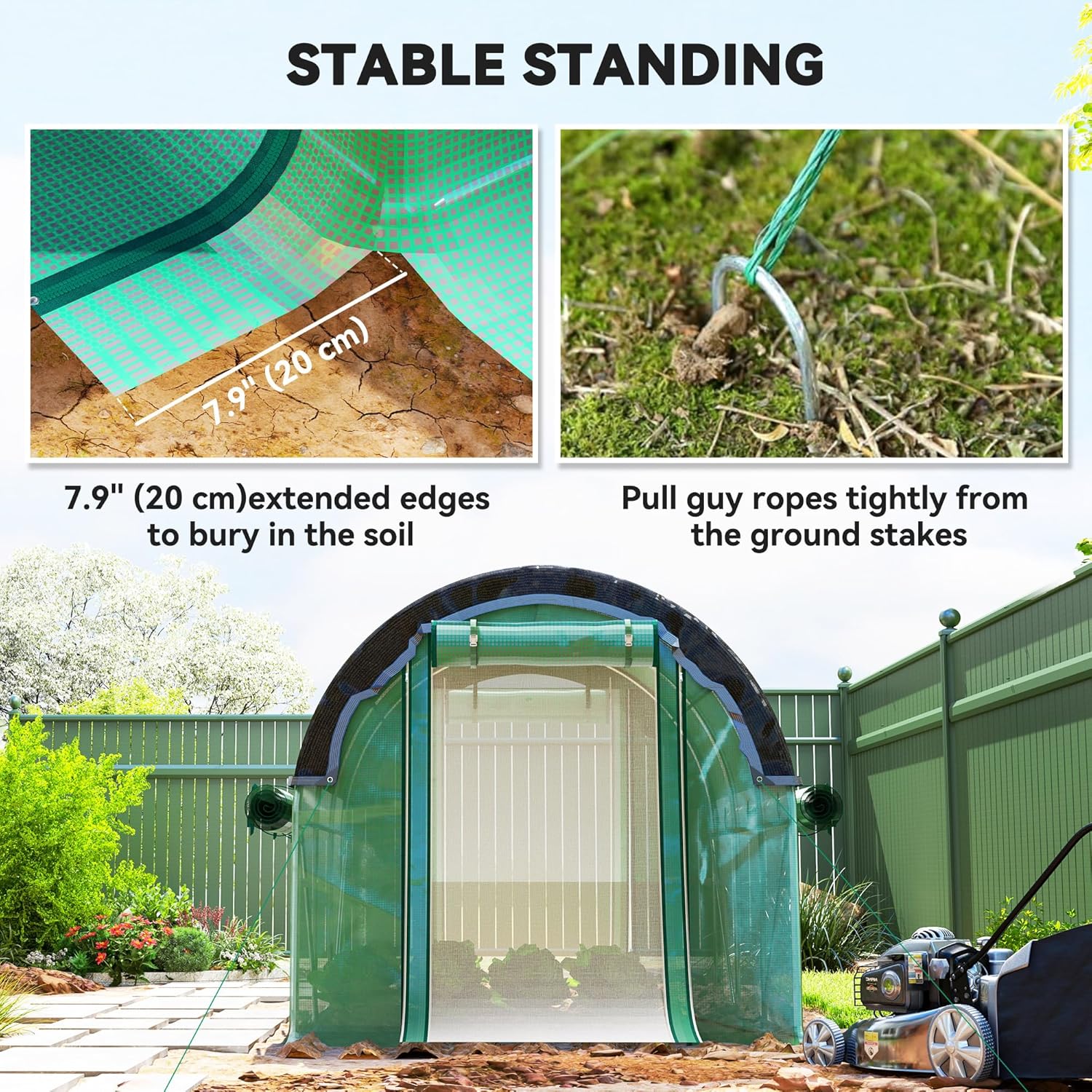 Greenhouse with extended edges for burying in soil and ground stakes for stability