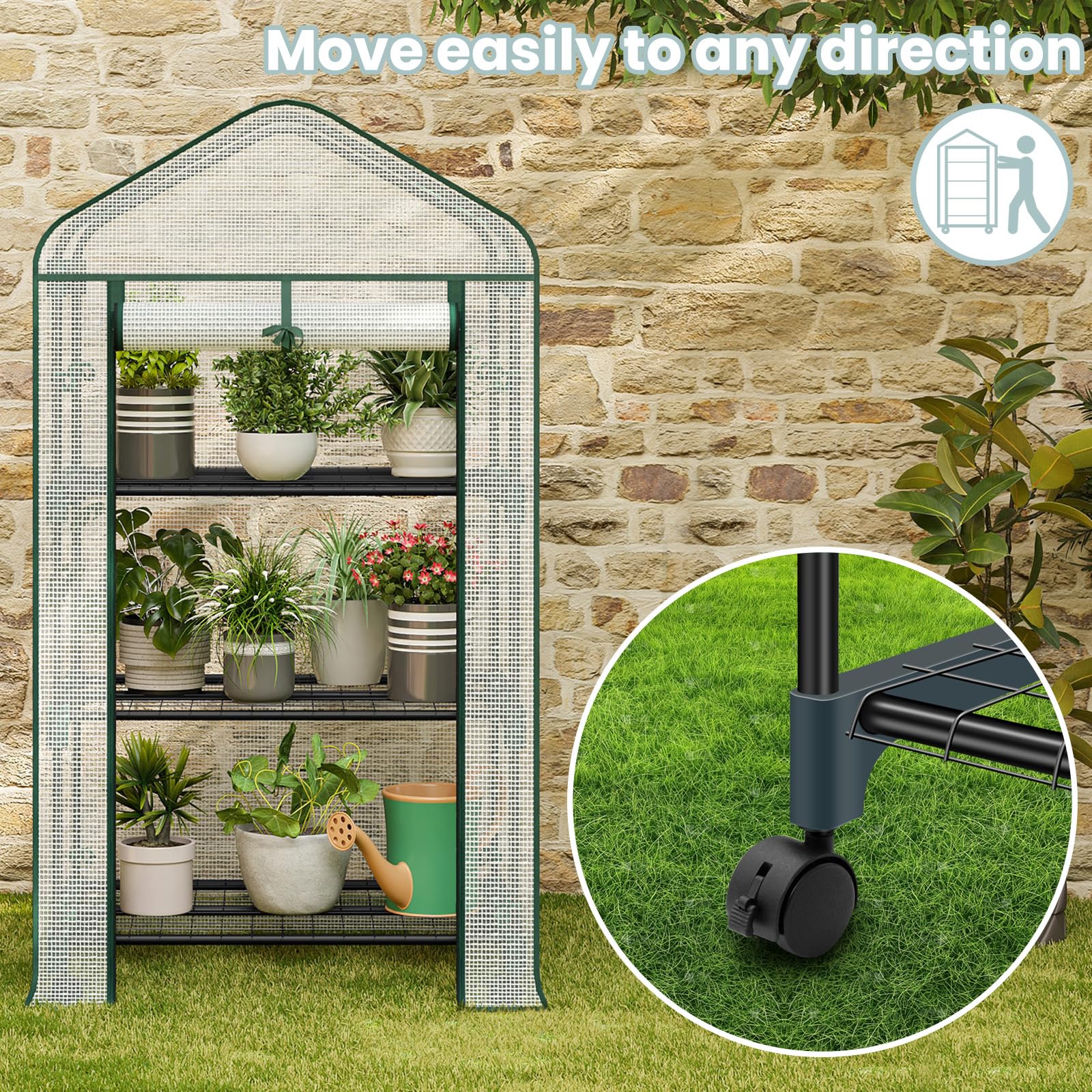 Woltu Kas met wielen, foliekas met 3 planken, 70 x 130 x 50 cm, semi-transparante tomatenkas met oproldeur, winterbescherming voor planten, voor balkon, terras, tuin, wit