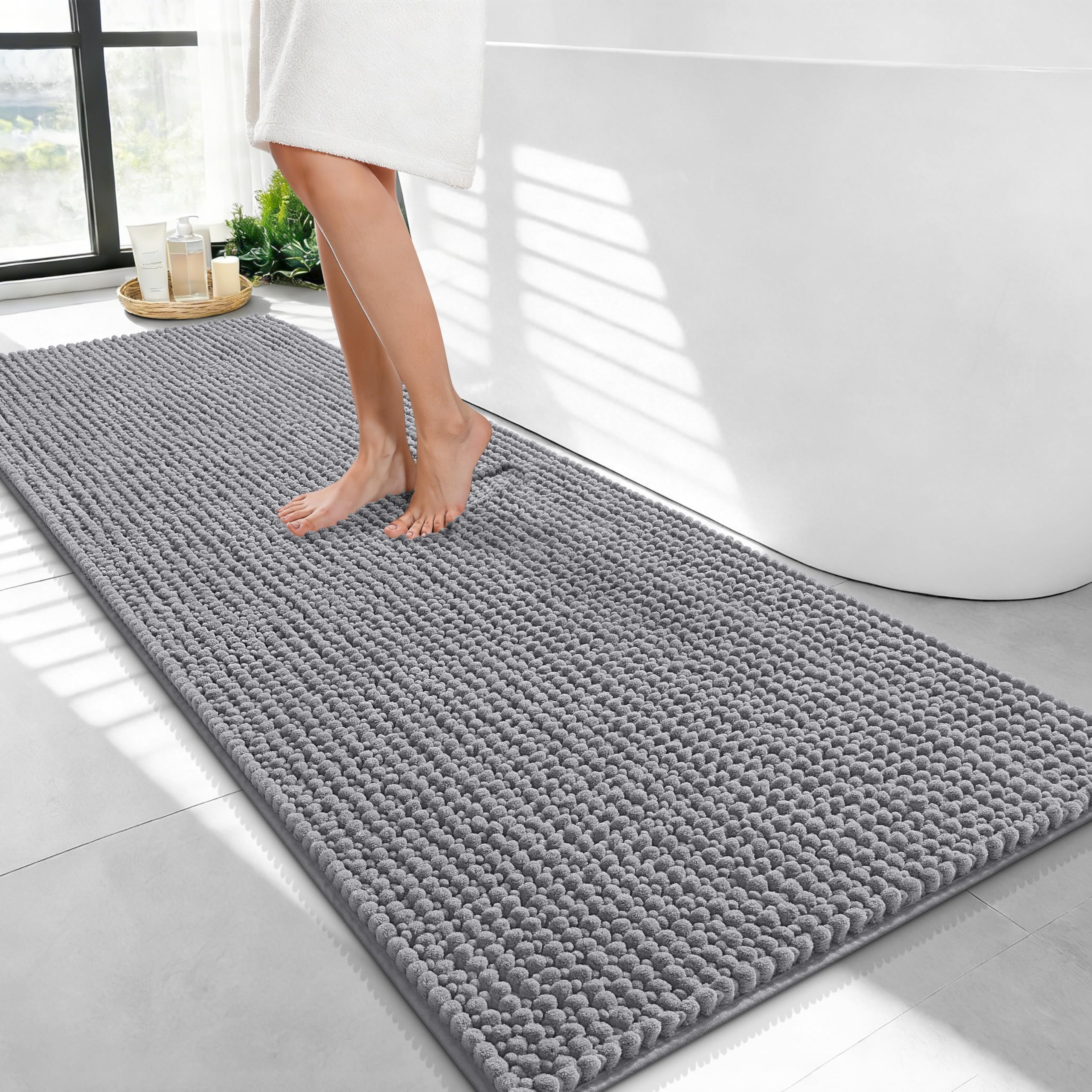 olanly thick bathroom runner rugs 47x24, extra soft absorbent chenille bath rugs, rubber backing, machine wash dry, long bath mats for bathroom floor, tub and shower, home decor accessories, grey