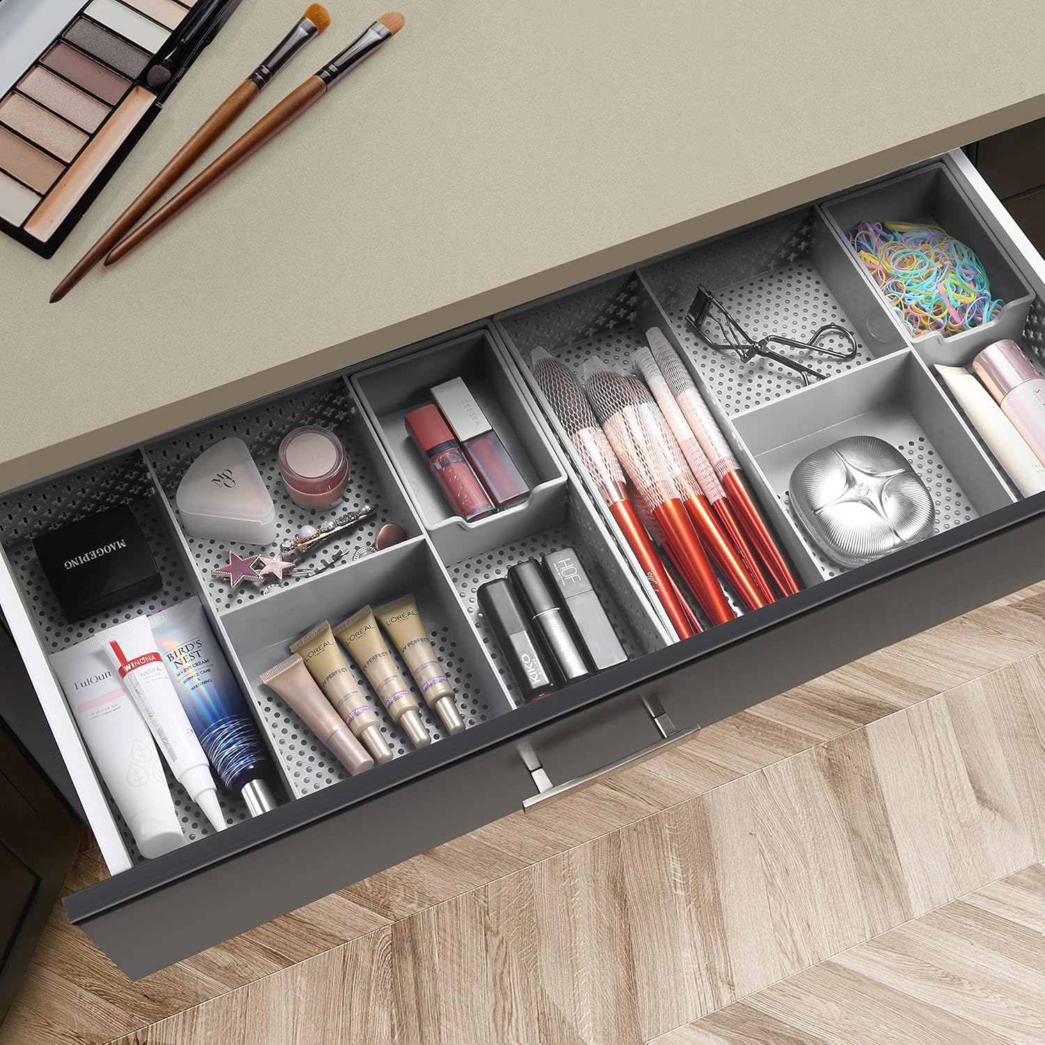 2 Pack Simple Trending Plastic Desktop Drawer Organizer, Office Desk Tray Organization with Adjustable Storage Box for Kitchen, Makeup, Silver : Office Products