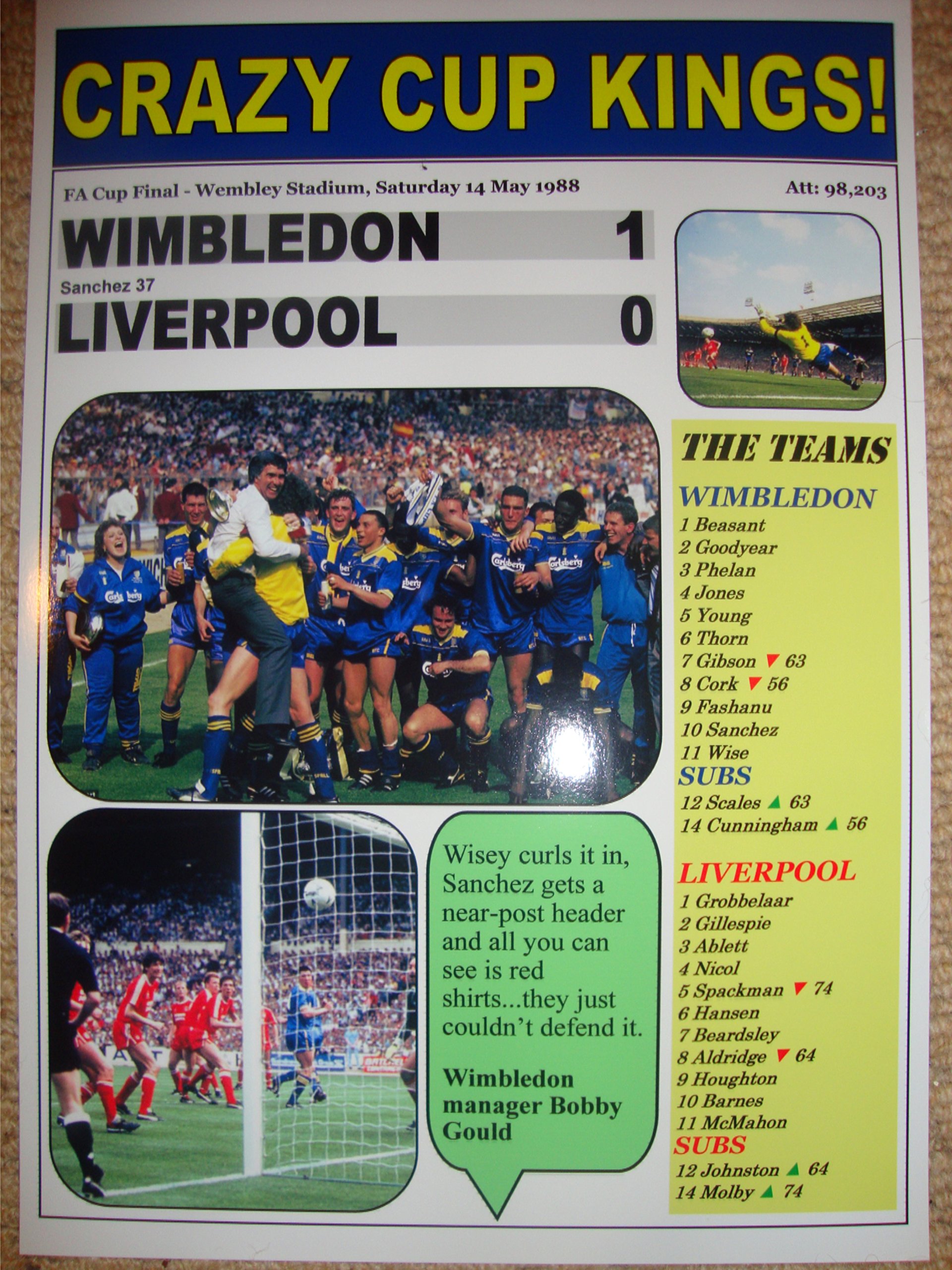Lilywhite Multimedia Wimbledon 1 Liverpool 0 - 1988 Fa Cup Final - Souvenir Print