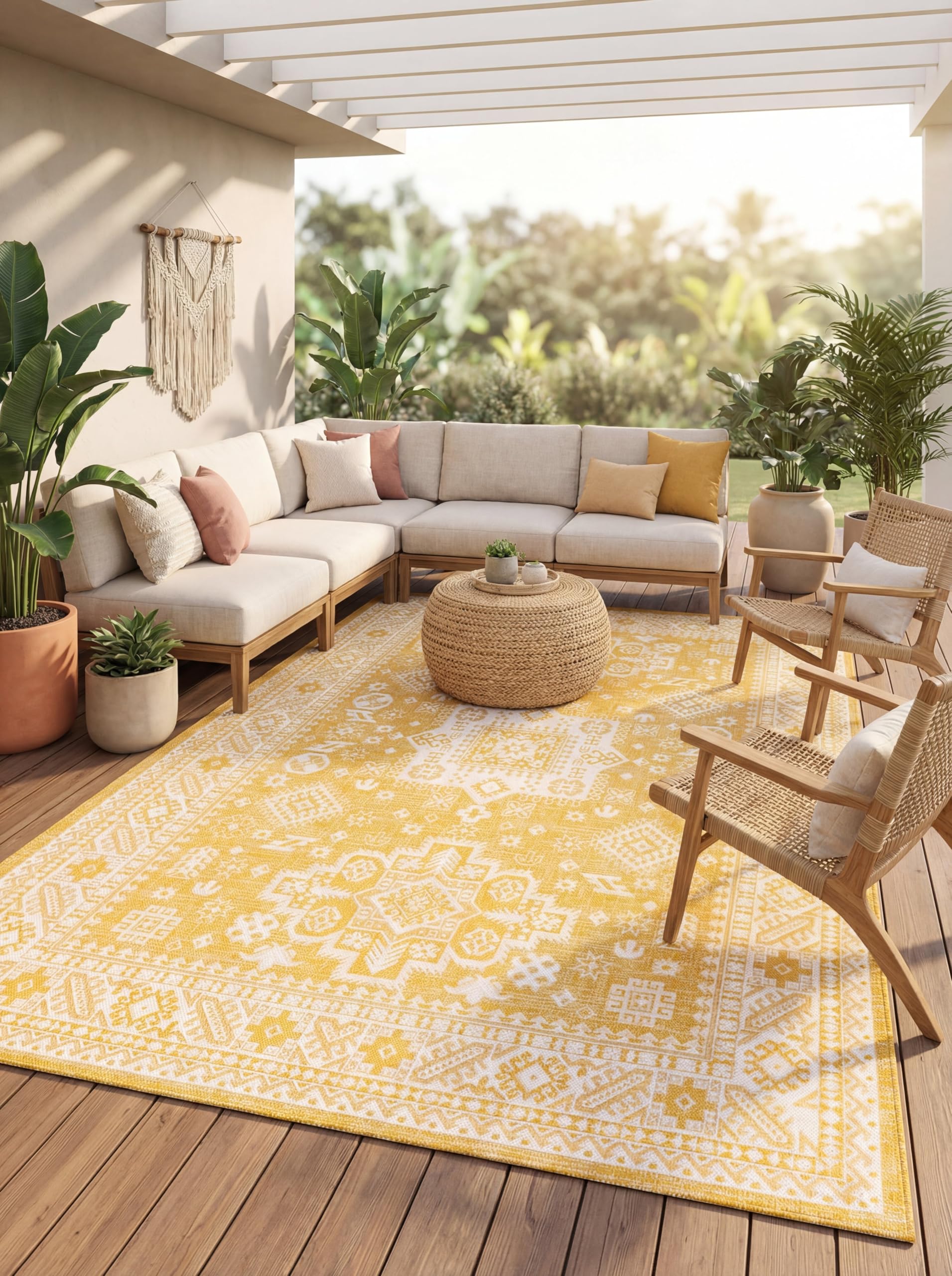 Rugs.com Outdoor Aztec Collection Rug – 3' x 5' Yellow Flatweave Rug Perfect for Living Rooms, Large Dining Rooms, Open Floorplans