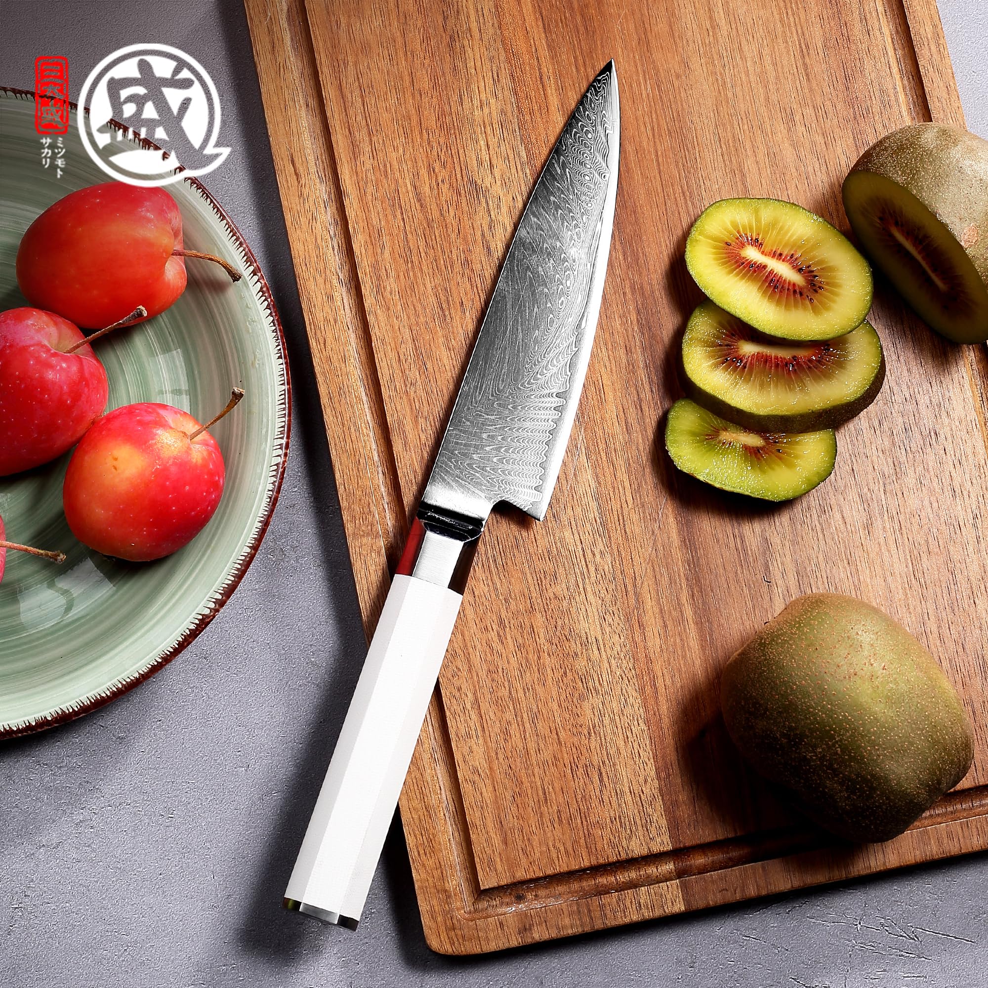 MITSUMOTO SAKARI Cuchillos Pelar Profesional Japoneses, 14 cm Cuchillo Chef | Cuchillo para Fruta de Acero en Polvo VG con Acabado, Cuchillos de Espiga Completa, Mango G10 Blanco, Estuche de Sándalo