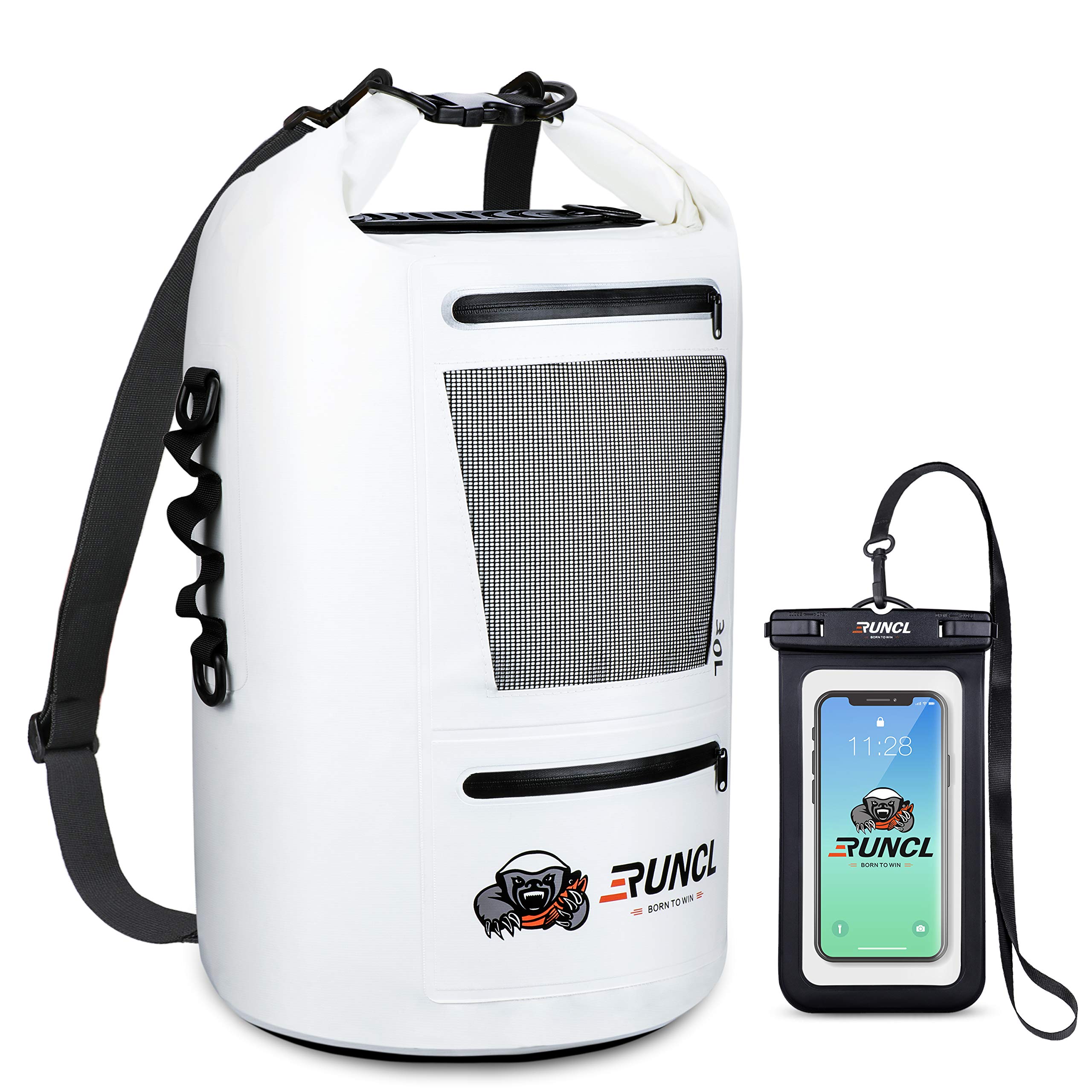 RUNCL Waterproof Backpack, Lightweight Floating Dry Bag 10/20/30/40L with Waterproof Phone Case, Comfort Shoulder Straps, Easy Access, MOLLE System, for Travel, Kayaking, Boating, White, 40L US