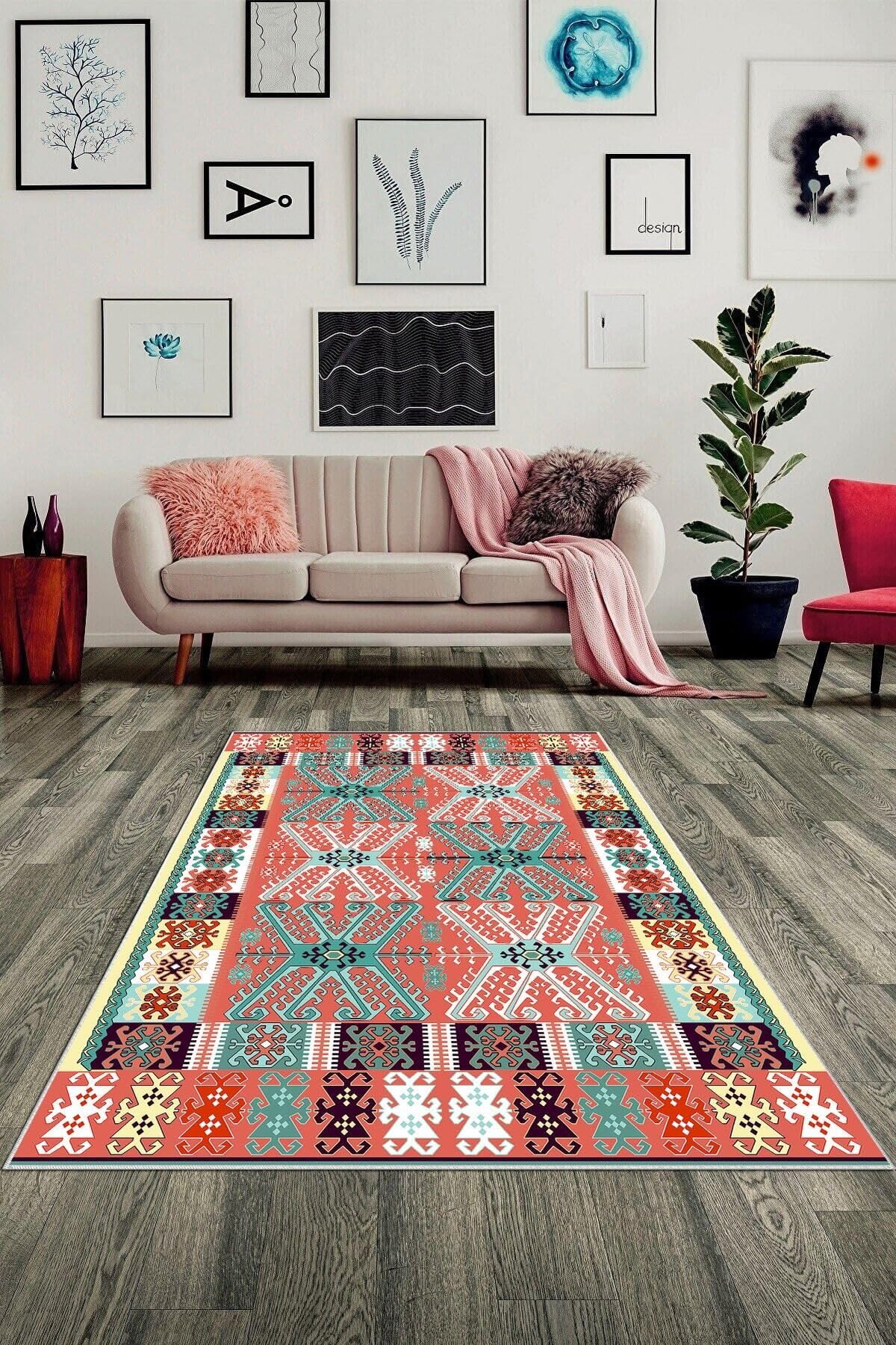 Pelangi Etnik Kilim Desen Bohem Stil Dijital Baskılı Yıkanabilir Kaymaz Taban Modern Salon Halısı, Pembe-Turkuaz 40 x 40