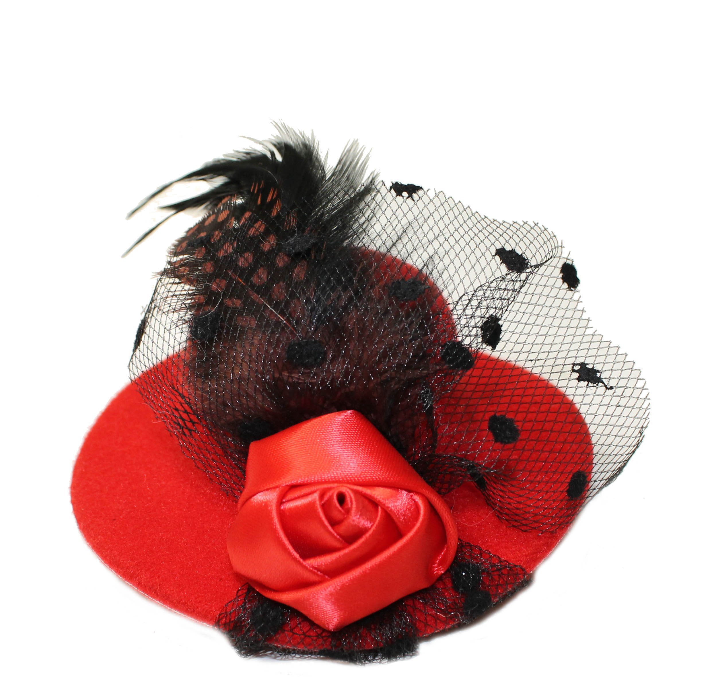 Lucore 4 Inch Mini Top Hat Hair Clip Accessory - Rose, Feather and Mesh Veil Girls Fashion Clipon Miniature Hairpin Headwear (Red)