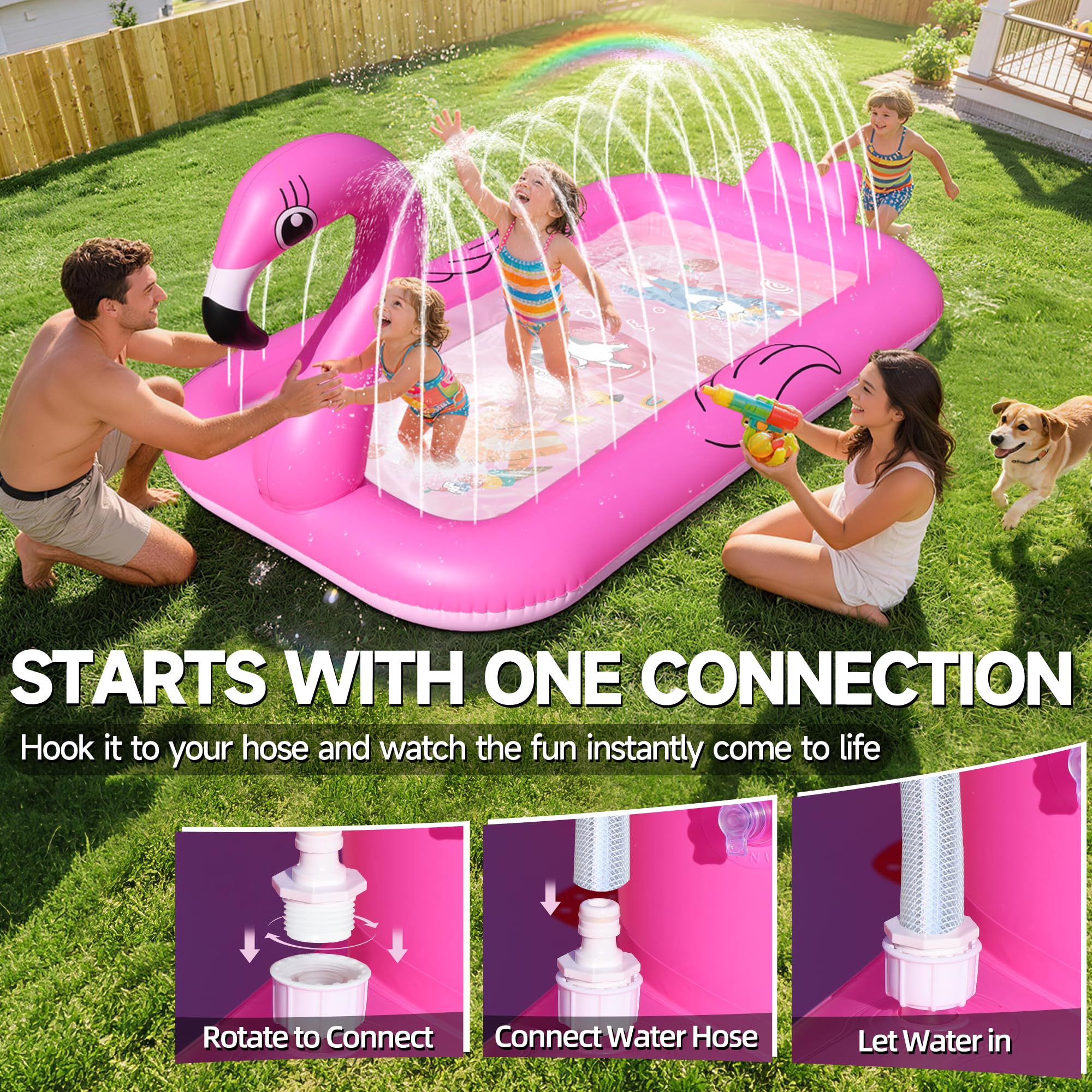 KingSom Tapis de Jeu d'eau Enfants, Flamant Jeux d'eau Enfant Extérieur Épaissi, Tapis Aquatique Antidérapant, Jeux Exterieur Piscine pour l’été, Tapis d'eau Gonflable, Splash Jouet d'eau pour Jardin