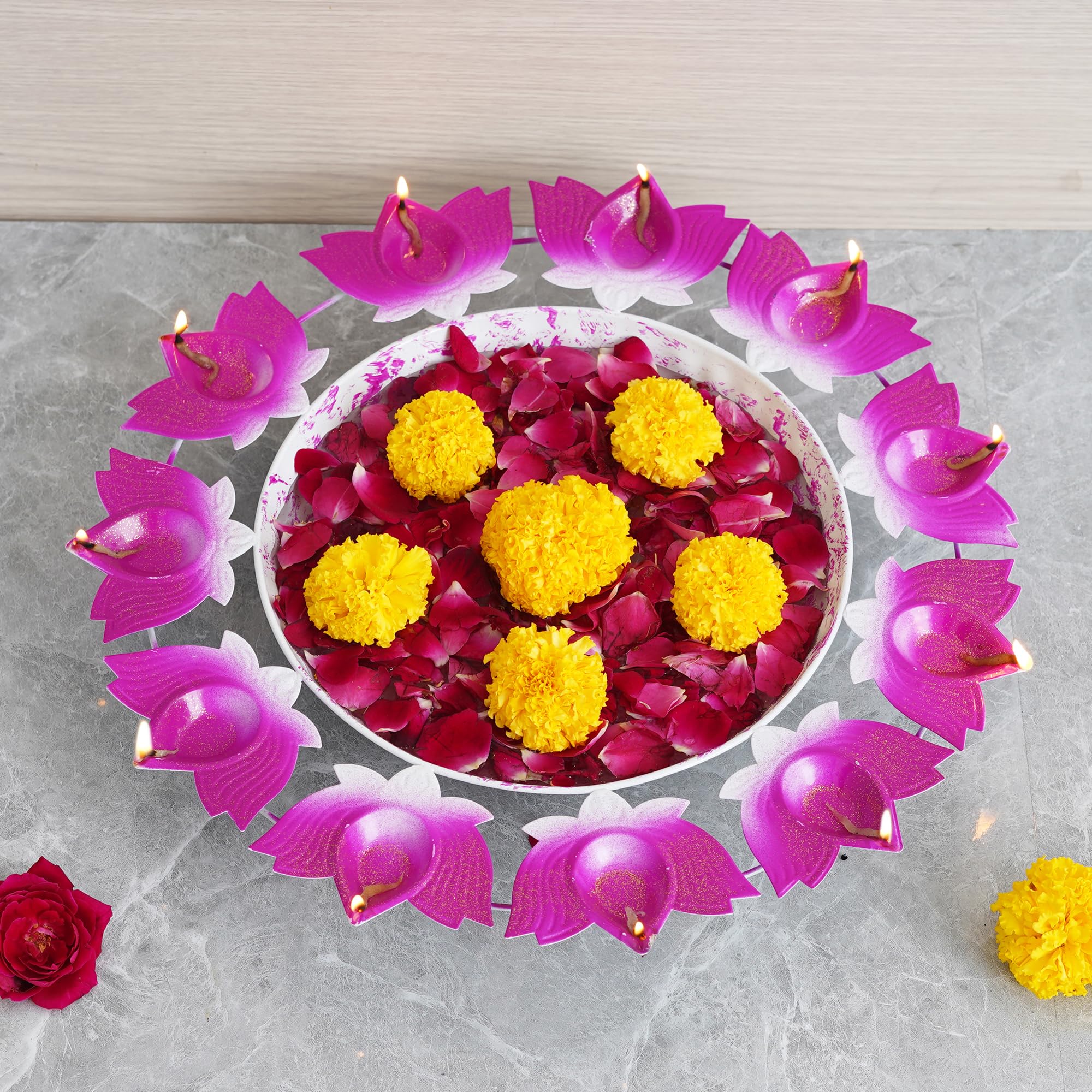 Webelkart Lotus Diya kształt urli miska do dekoracji domu i Pooja | Urli Świecznik tealight do dekoracji domu i biura (40 cm) - Świecznik Diwali różowy