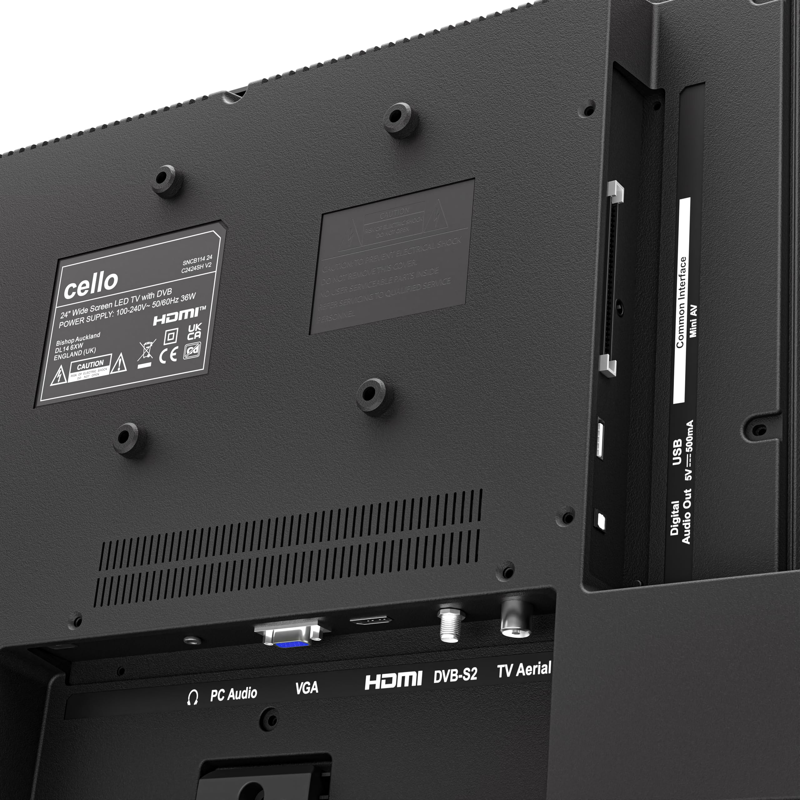 Cello C2424SH TV LED da 24 pollici con ricezione DVB-T e satellitare, funzionamento a rete, 230 V, non smart, registrazione USB della TV in diretta, suono perfetto, ideale per stanze piccole