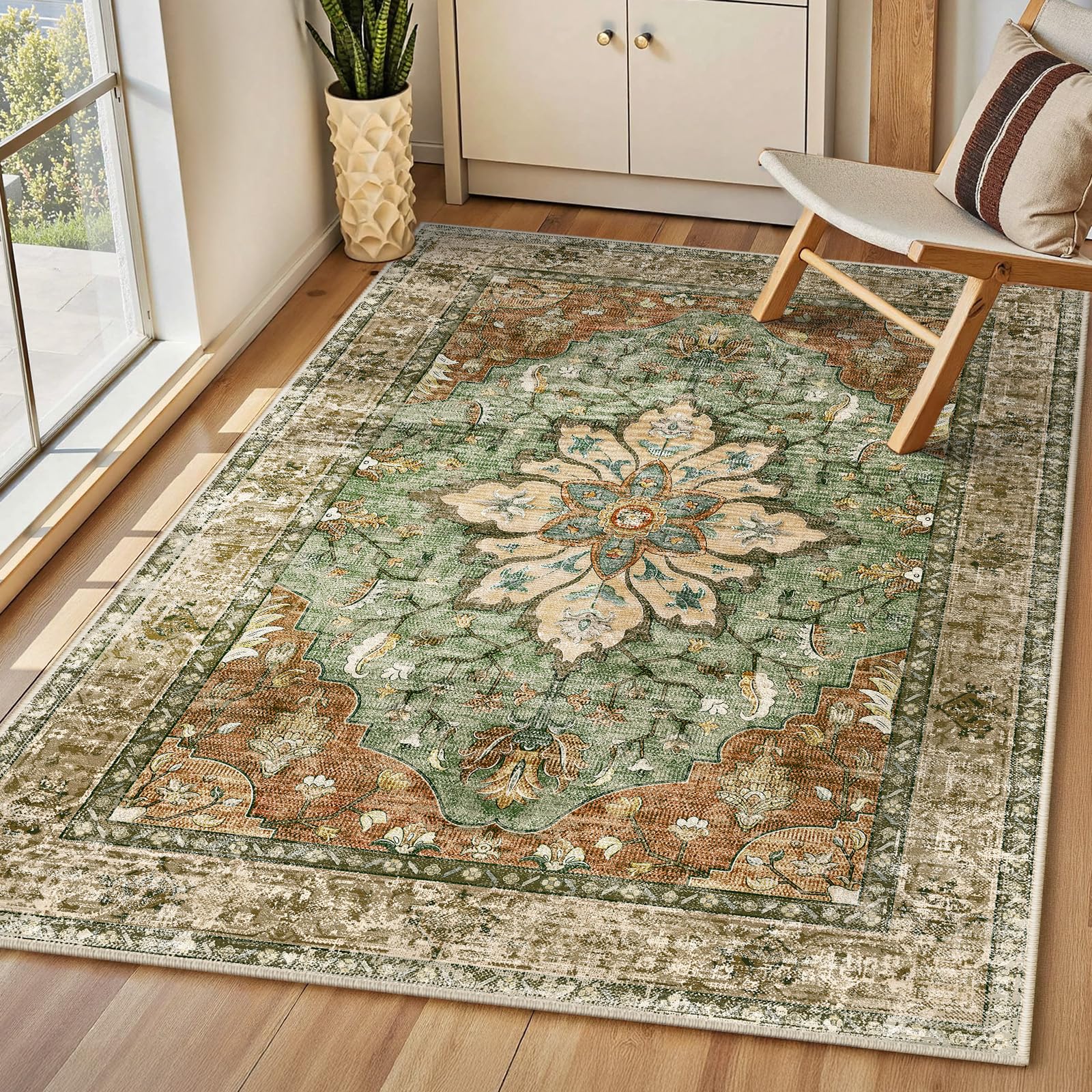 INOVADAY Vintage Waschbarer Teppich Wohnzimmer 90x150 cm Boho Kurzflor rutschfest Teppich Weich Teppiche mit Druckmuster für Schlafzimmer, Esszimmer, Ziegel/Braun/Grün