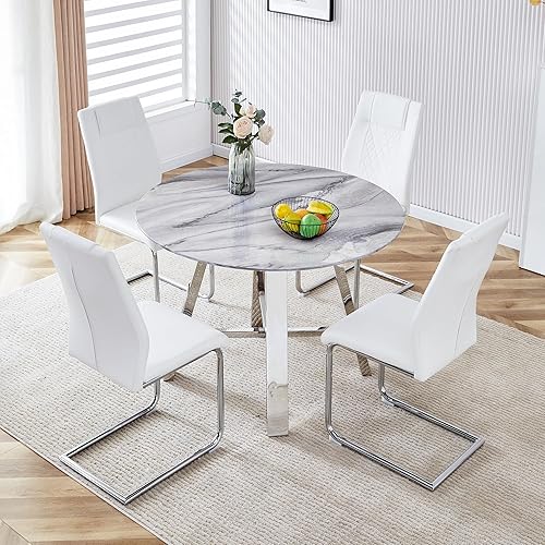 Miniatura 15 de Juego de 4 mesas de comedor redondas de 42 pulgadas para 4, juego de sillas de mesa de cocina modernas para 4 mesas de comedor de mármol sintético,