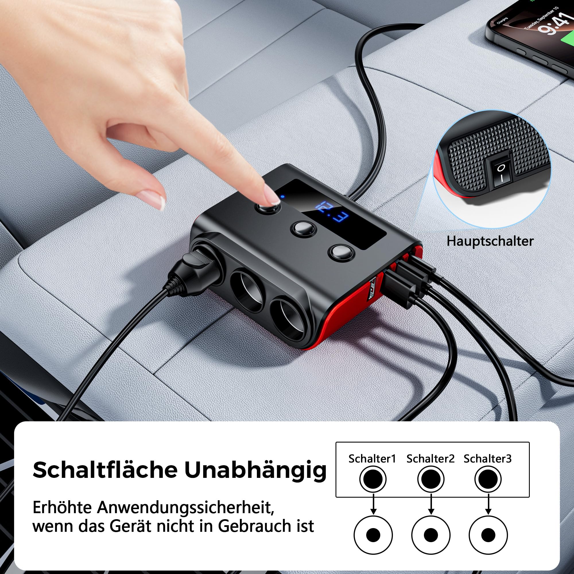SONRU 180W Zigarettenanzünder Verteiler, 7 in 1 Auto Ladegerät Adapter Kfz, 3 Fach 12V/24V Steckdose mit 45W PD & 3 USB, Autoladegerät Zigarettenanzünder Stecker für iPhone 17/iPad/Dashcam/GPS
