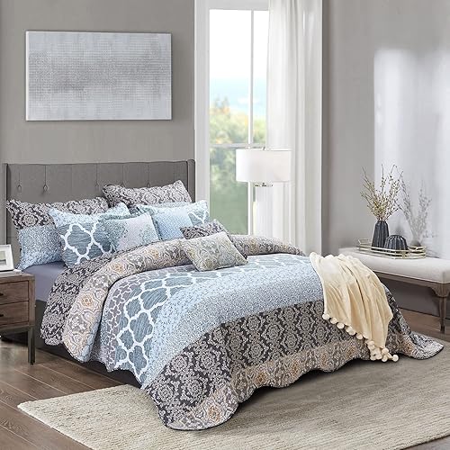 Juego de 10 piezas de colcha, colcha acolchada de microfibra ligera y reversible con diseño floral para todas las estaciones, medalla azul, de gran