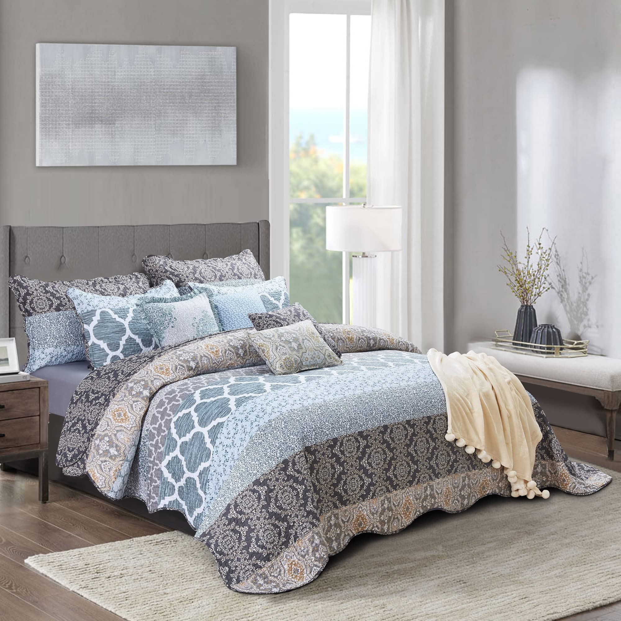 HESTIN Bedspread Plus Throw (10 Pieces Set), Lightweight Reversible Microfiber Quilted Coverlet with Floral Design for All Season, Blue Medal, Oversize (122