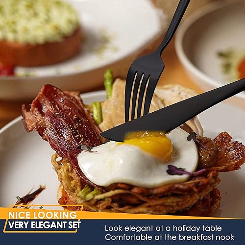 Miniatura 5 de Stapava Juego de cubiertos negros mate de 24 piezas con cuchillos para carne, cubiertos de acero inoxidable para 4, juegos de utensilios