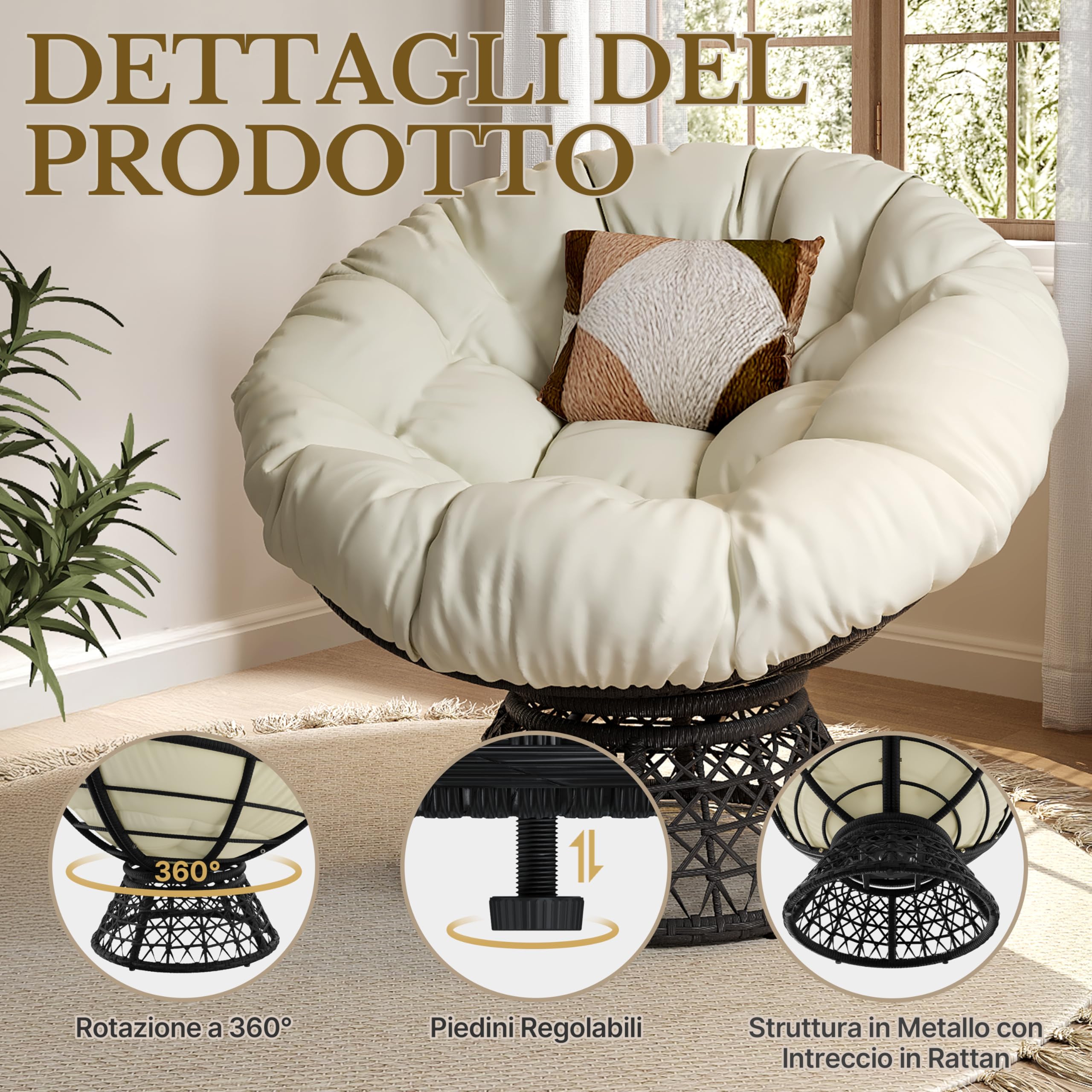 Yaheetech Poltrona da Giardino Girevole 360° Rattan Sedia Dondolo Rotonda Papasan Cuscino Diametro 120 cm Nero/Beige