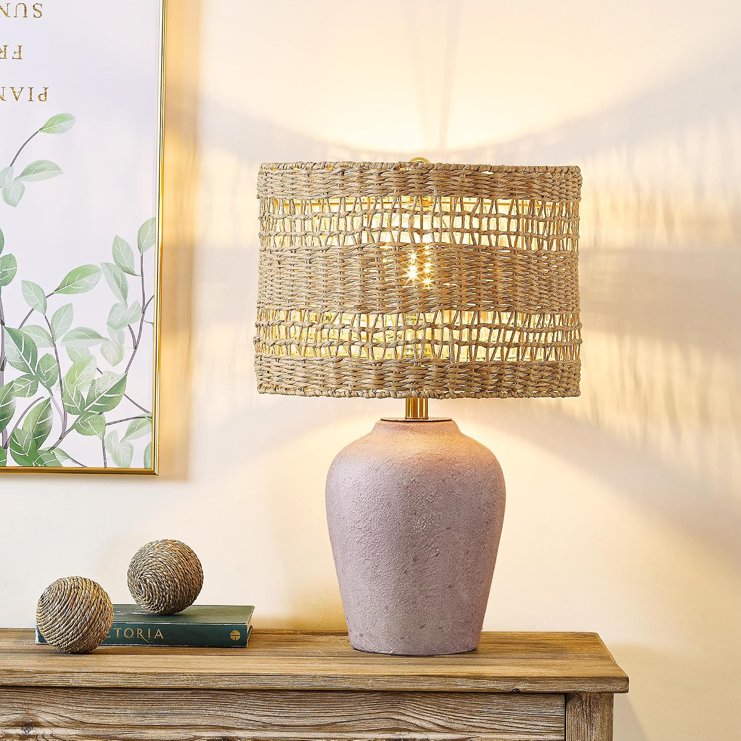 Maxax 21" Boho Table Lamp for Bedroom, Farmhouse Ceramic Bedside Lamp with Woven Rattan Shade, 3 Way Dimmable Coastal Rattan Bedroom Lamp for Nightstand Office Home