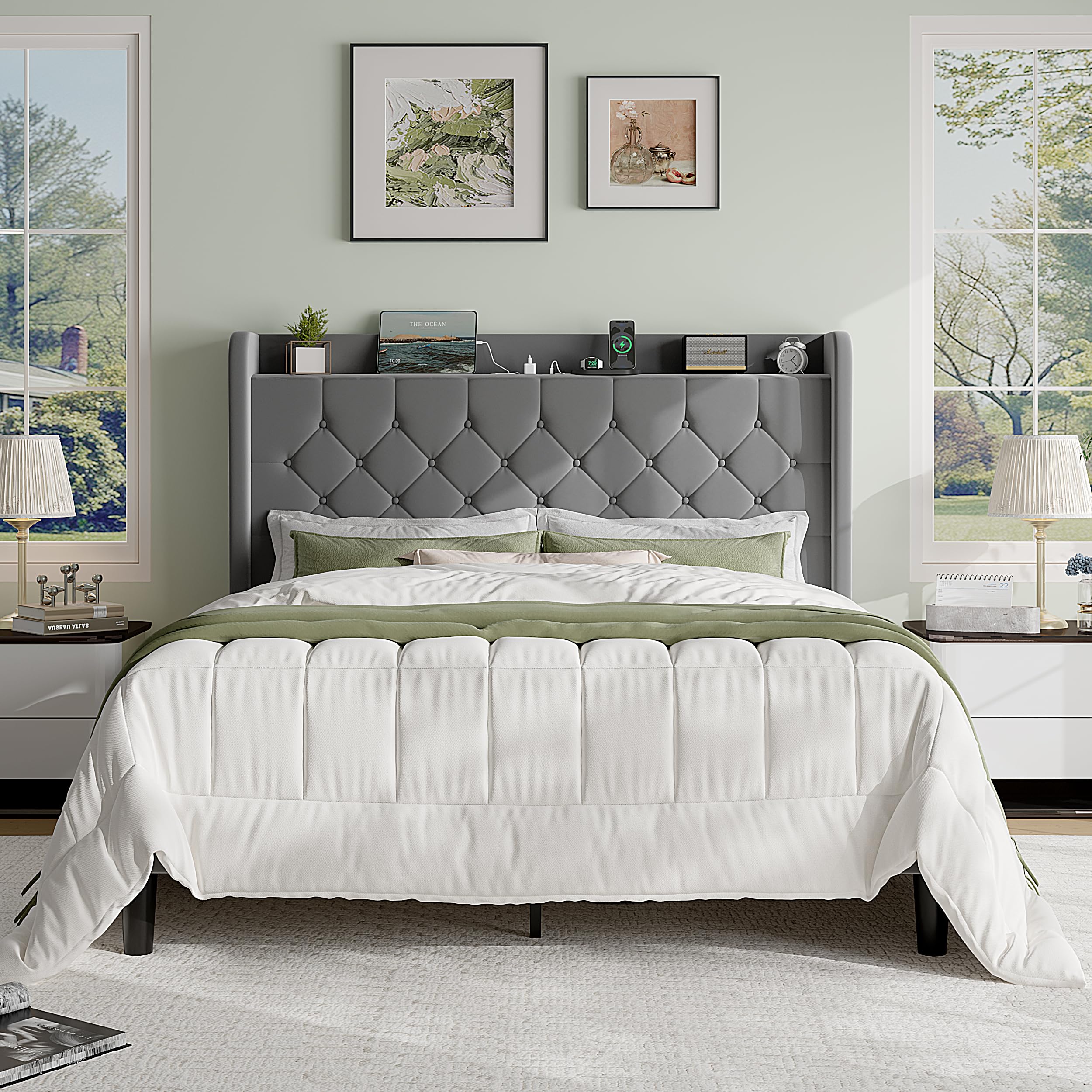 SHA CERLIN Full Size Platform Bed Frame with Charging Station, Velvet Wingback Headboard with Storage Shelf, Wooden Slats Support, Ample Under-Bed