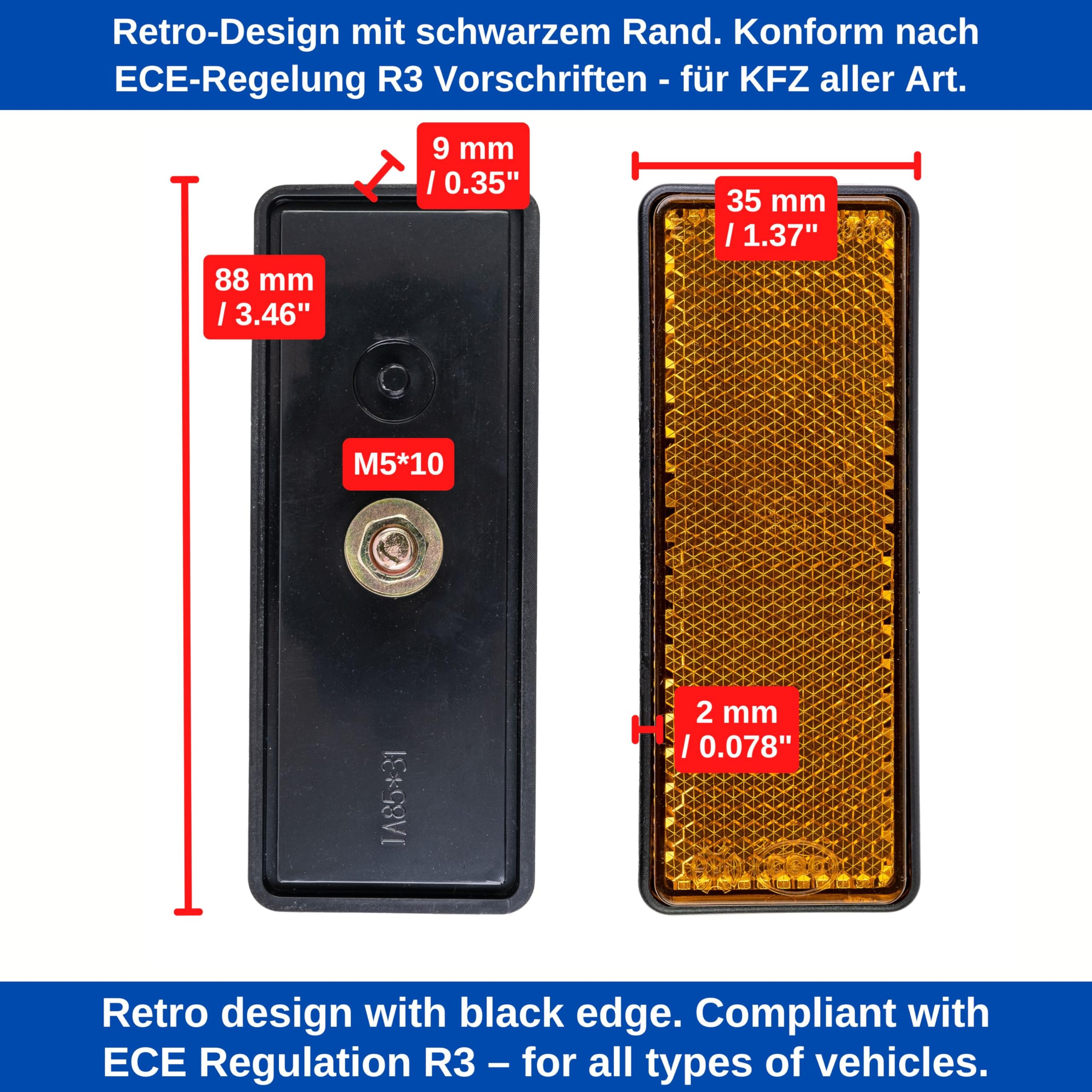 Riflettori con filettatura a vite, 4 Pz, Arancione, 88 x 35 mm, Marchio di E, Riflettore di Sicurezza per Camper, Rimorchi e Pali, Catarifrangenti Destro/Sinistro, Catarifrangenti Giro Riflettori - 5