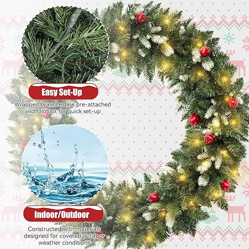 Miniatura 4 de Fohil Guirnalda de Navidad de 9 pies, 8 modos de guirnalda de Navidad artificial preiluminada con 60 luces LED, guirnalda de ratán verde con bayas