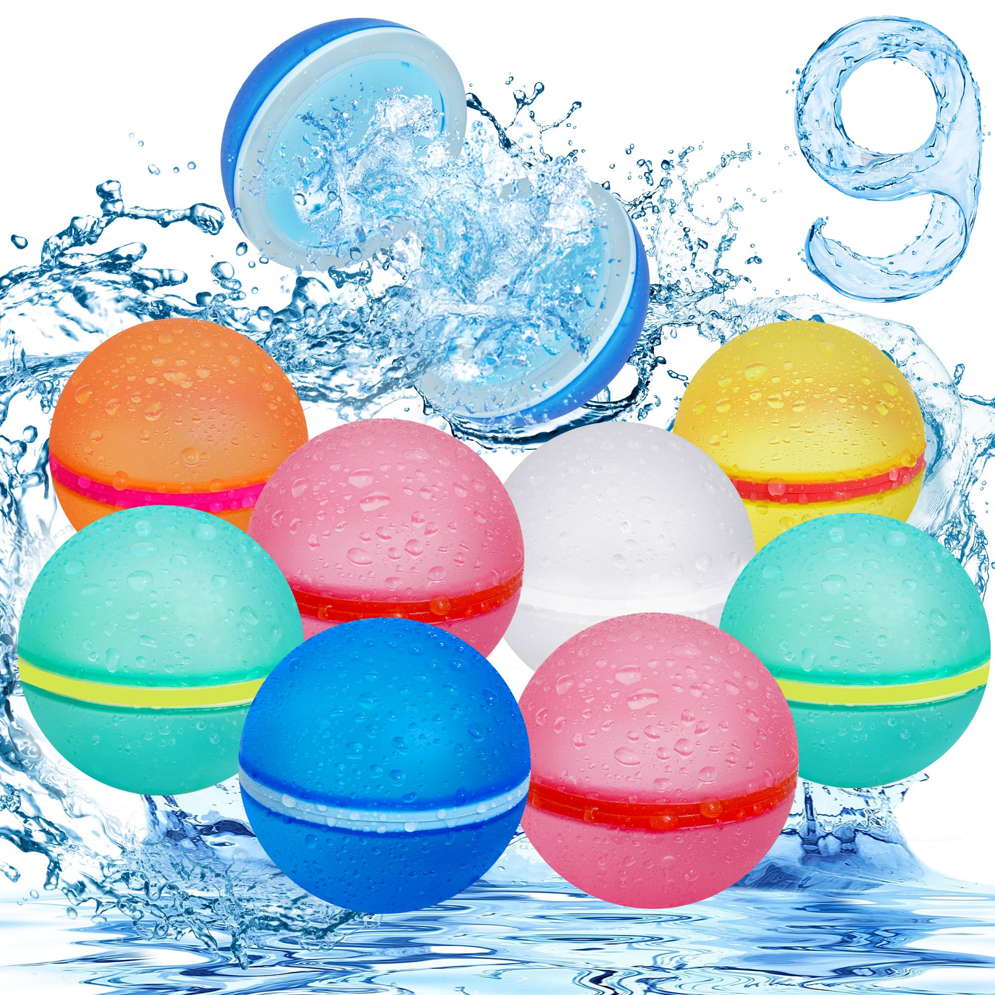 9Pcs Magnetic Reusable Water Balloons, Beach Toys Refillable Latex-Free Silicone Water Bombs for Kids Ages 3-12, Quick Fill Self-Sealing Summer Party Pool Yard Outdoor Splash Balls Water Game Toys