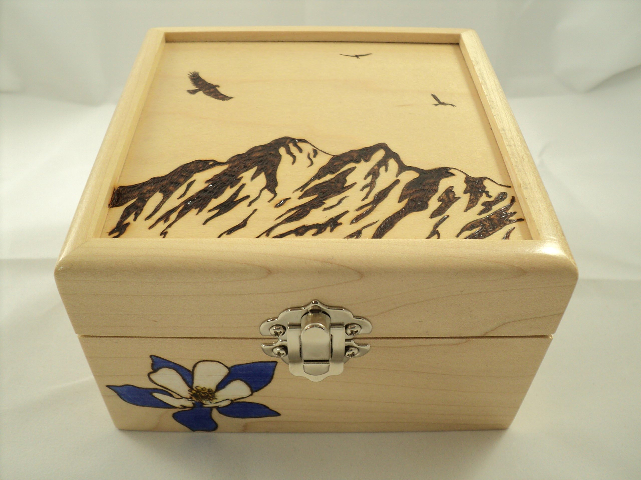 Solid Maple Wood Woodburned Columbine and Mountains Jewelry Keepsake or Memory Box