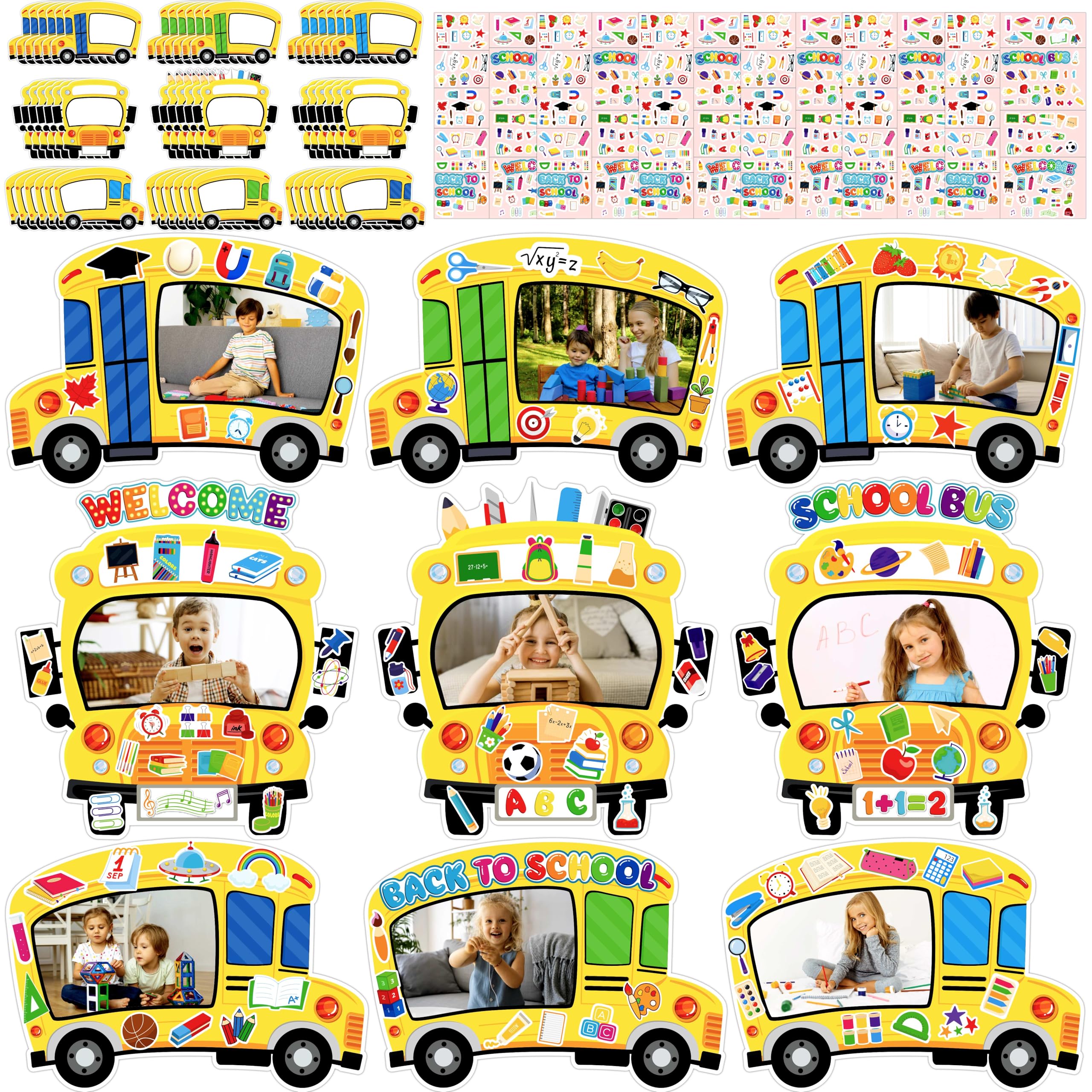 80UncleKimby 54Pcs Back to School Bus Picture Frame Crafts Kit - DIY Welcome First Day of School Photo Ornaments Bulk Bulletin Board Decorations for
