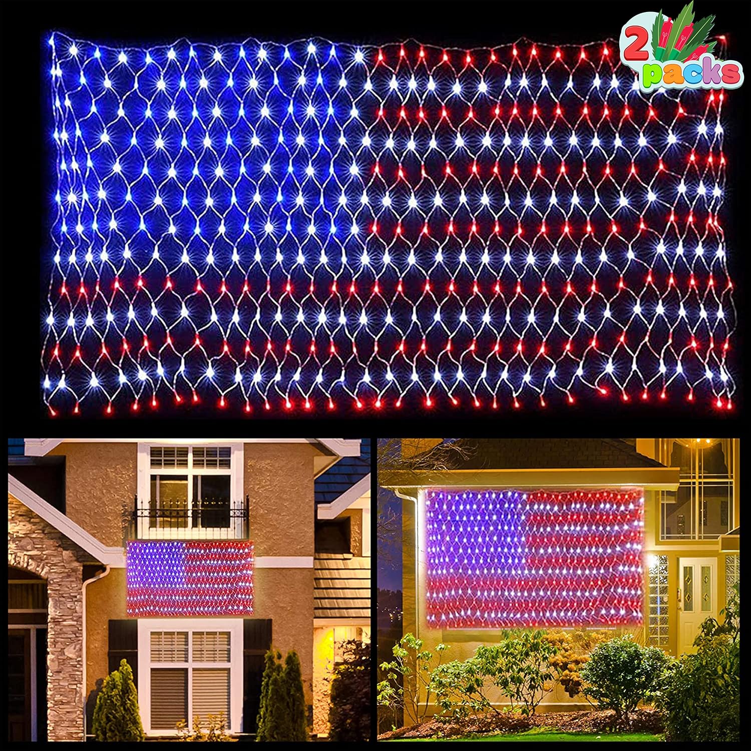 Joiedomi 2Pack LED American Flag Net Lights US Flag String Light Waterproof for Christmas, Holiday, Independence Day, Memorial Day, July 4th, National Day, Decoration, Garden, Yard, Indoor Outdoor