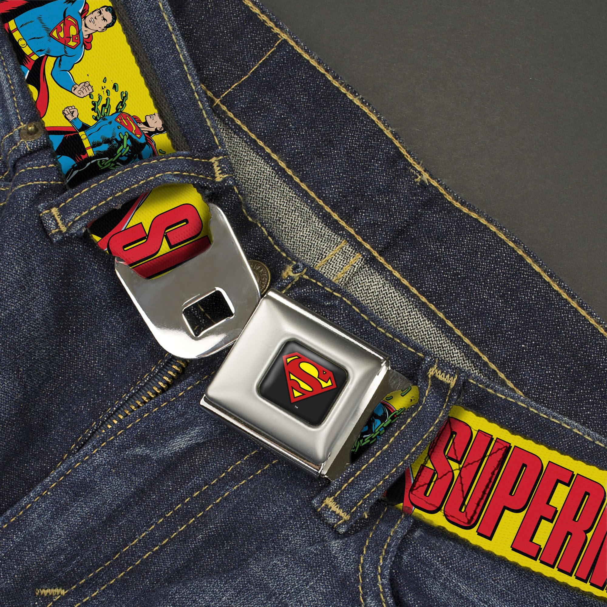 DC Comics Belt, Seatbelt Buckle Belt, Superman Action Poses and Text Yellow Red