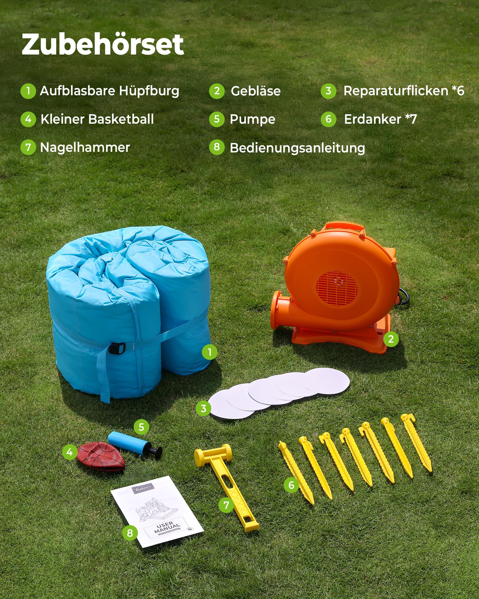 Outfunny Hüpfburg groß für Kinder, Aufblasbare Hüpfburg Indoor & Outdoor mit Gebläse 450W, Rutsche - Blau