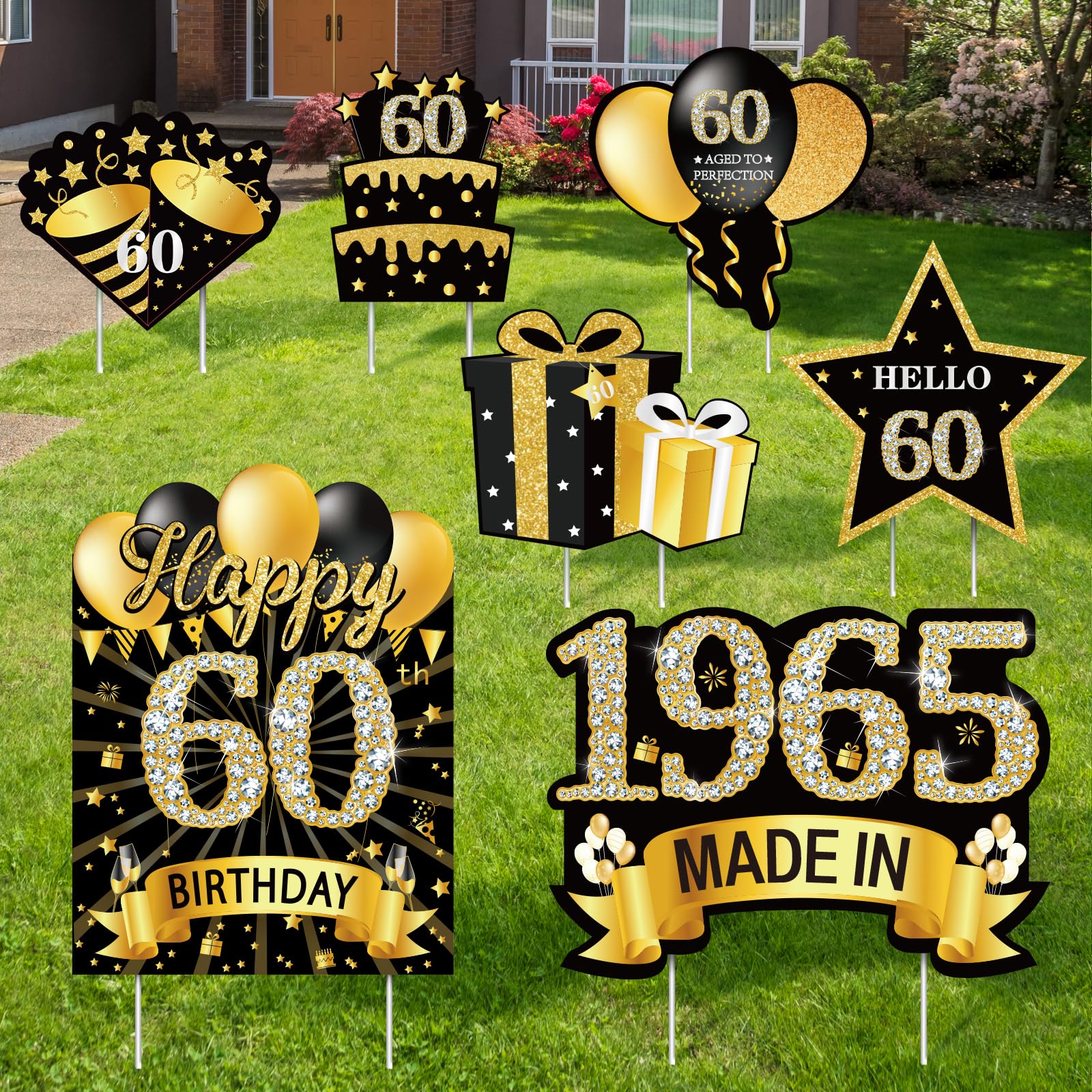 7Pcs Black Gold 60th Birthday Yard Sign Decorations for Men and Women, Happy 60th Birthday Made in 1965 Lawn Sign Party Supplies,Sixty Year Old Birthday Yard Decor with Stakes