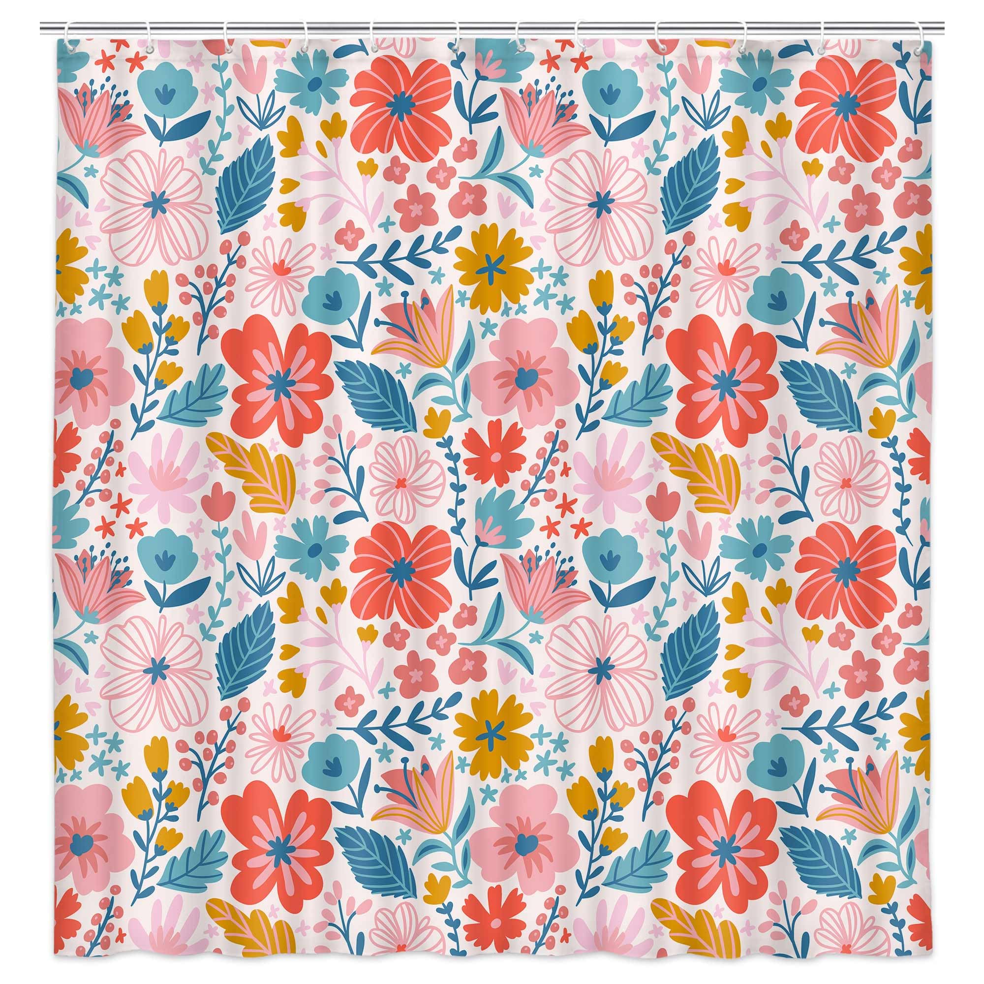 Hajmsug Boho Style Flower Shower Curtain,Pink Red Blue Yellow Watercolor Floral Plant White Shower Curtains,Chic Print Design Flower Shower Curtain with Hooks,71X71 Inch.