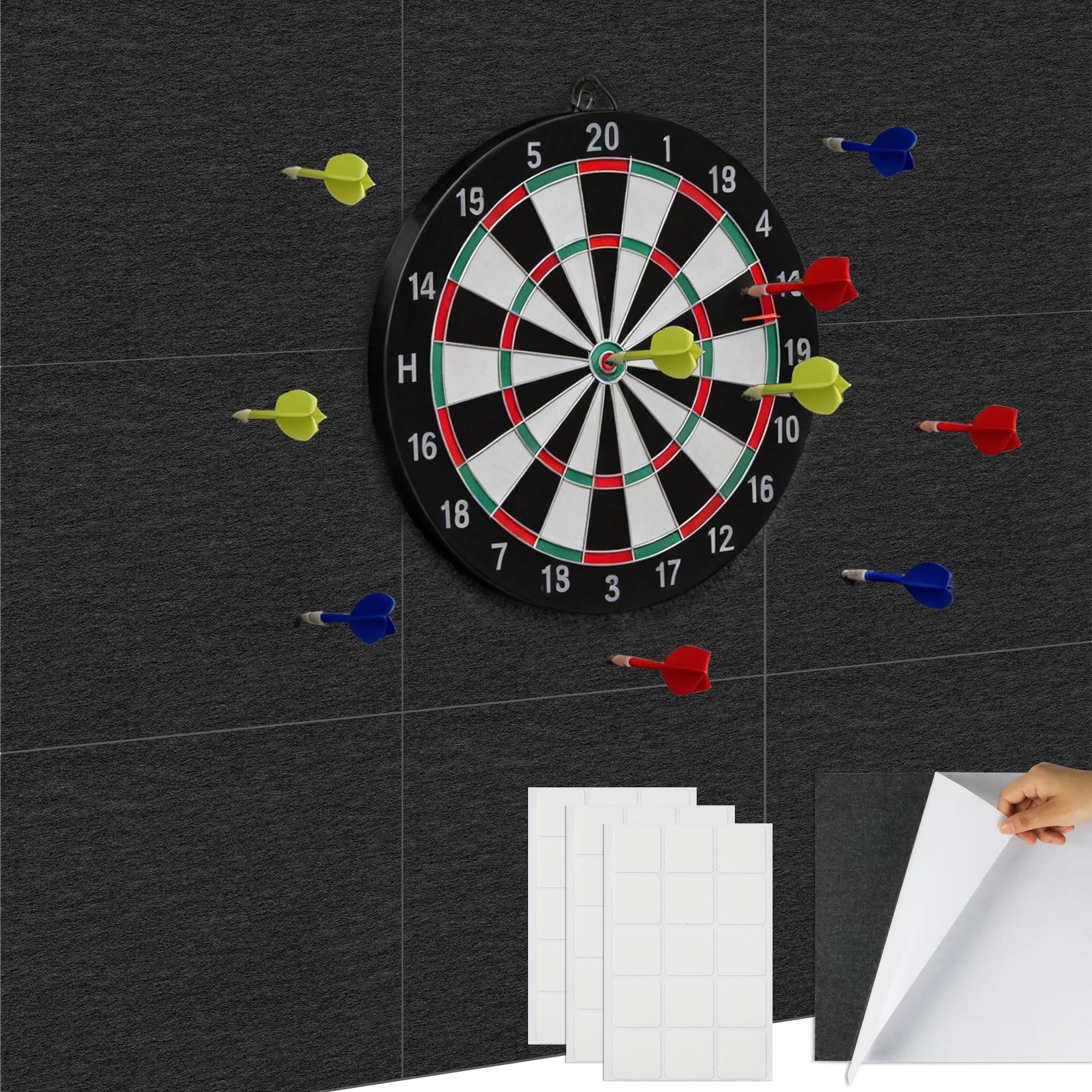 9PCS Dart Board Wall Protector - 12"x12"Felt Dartboard Wall Protection,Self-Adhesive Dart Board Surround Backing,for Man Cave, Party & Game Room