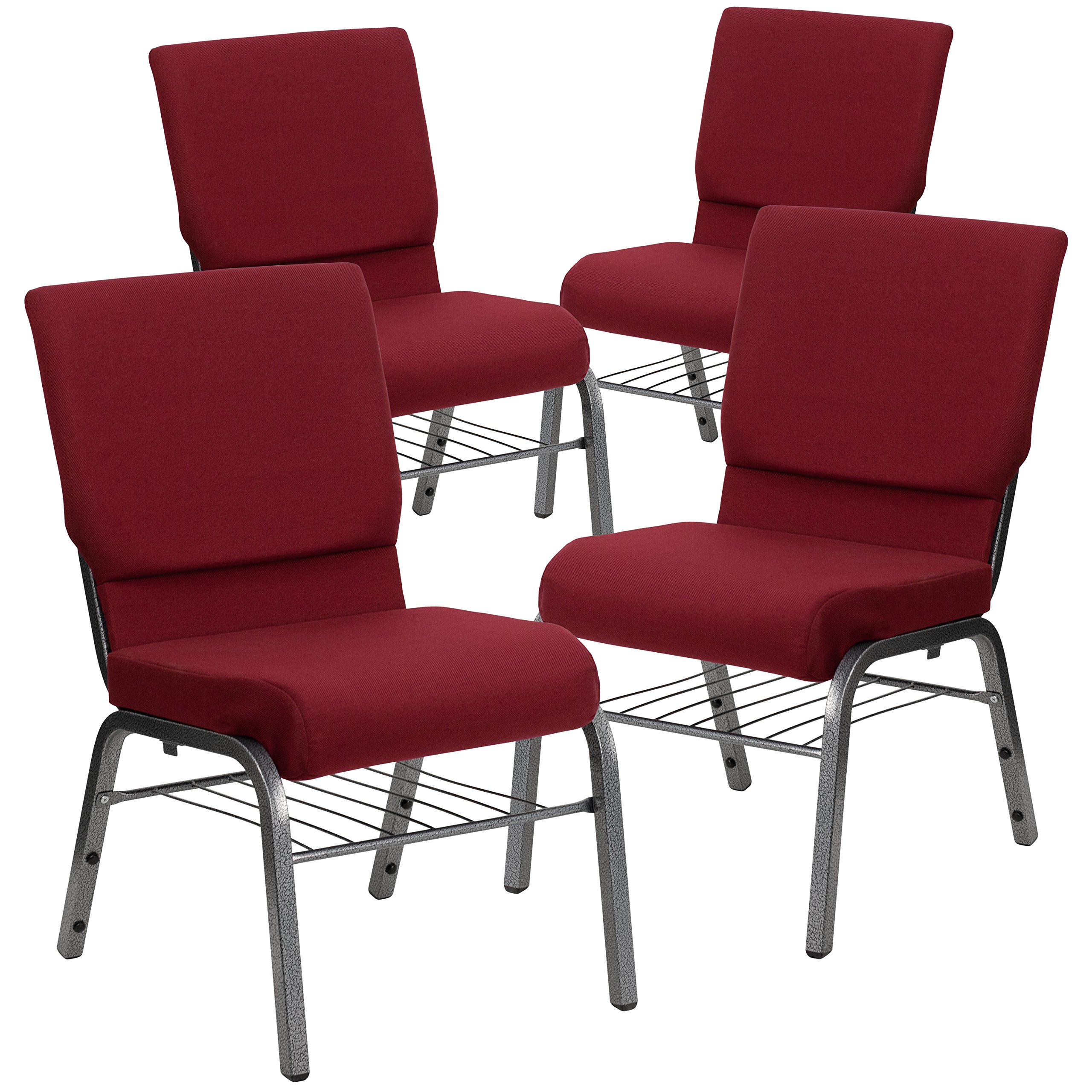 Flash Furniture 4 Pack HERCULES Series 18.5''W Church Chair in Burgundy Fabric with Book Rack - Silver Vein Frame