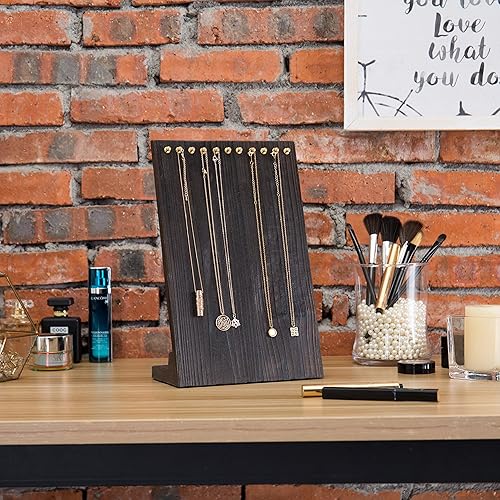 Miniatura 2 de MyGift Soporte para múltiples collares de madera maciza marrón rústico de 12 pulgadas, soporte de joyería independiente con 11 ganchos de clavija de