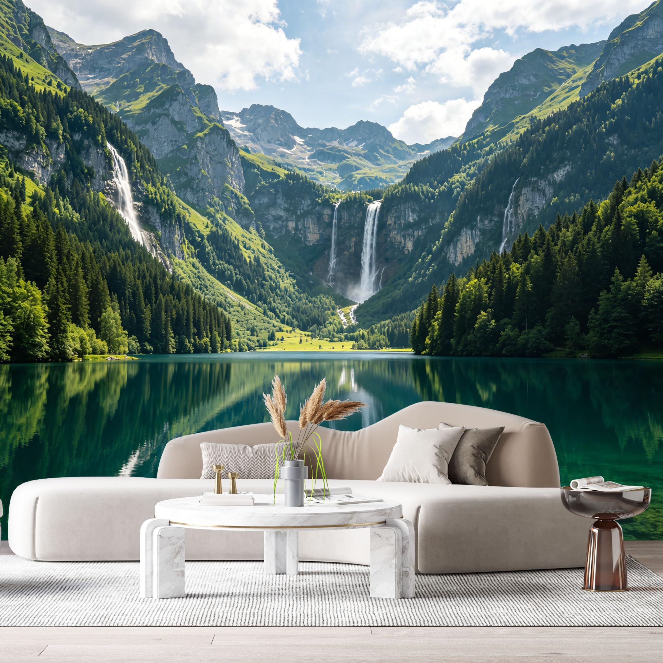 Custom Size Wall Murals Mountain Lake Waterfall Landscape Forest Reflection SelfAdhesive Wall Fabric Removable Large Wallpaper for Photo Living Room Interior Decor