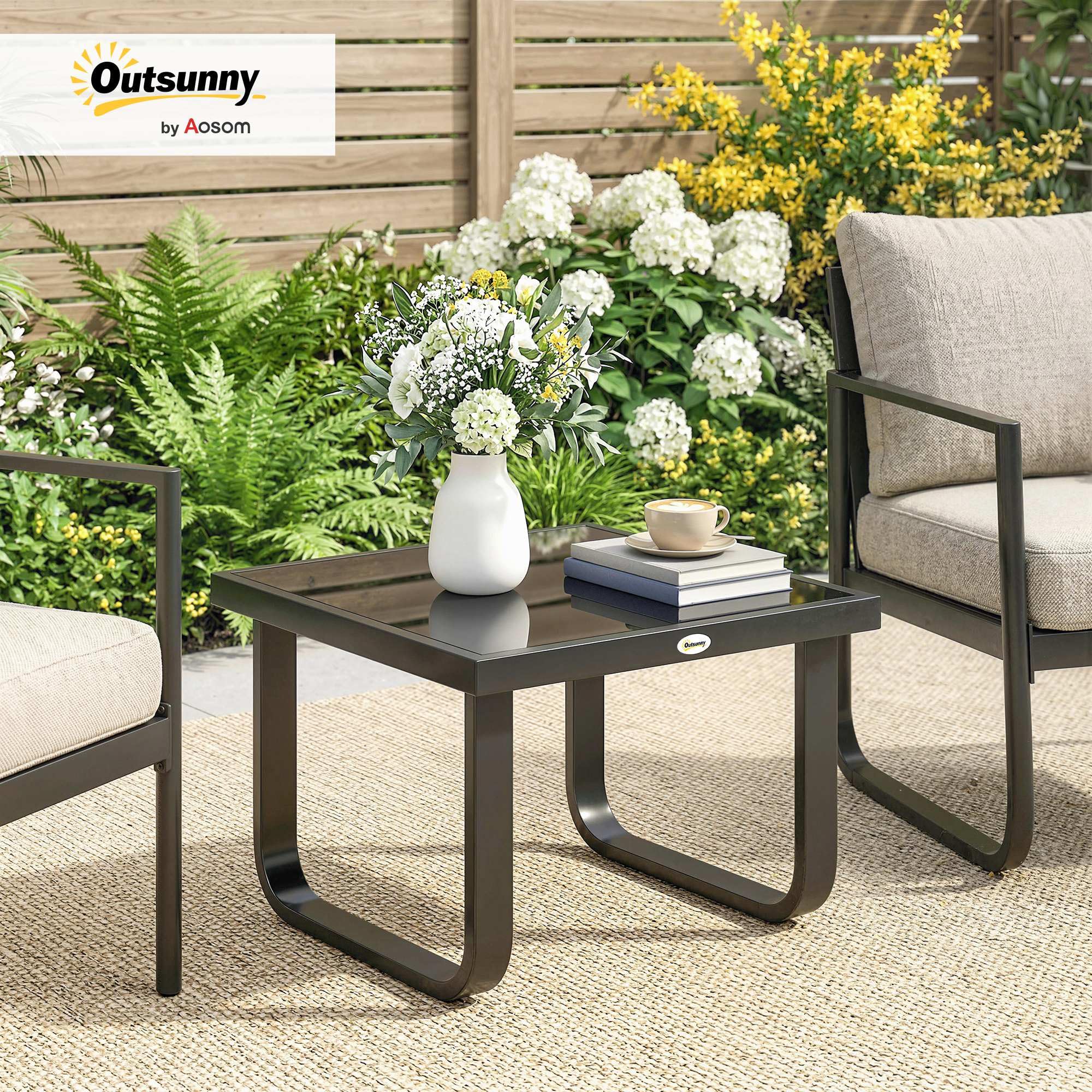 Outsunny Metal Garden Coffee Table, Outdoor Rectangle Side Table with Tempered Glass Tabletop and Adjustable Foot Pads for Terrace, Balcony, Patio, 45 x 45 x 33 cm, Black — view 2