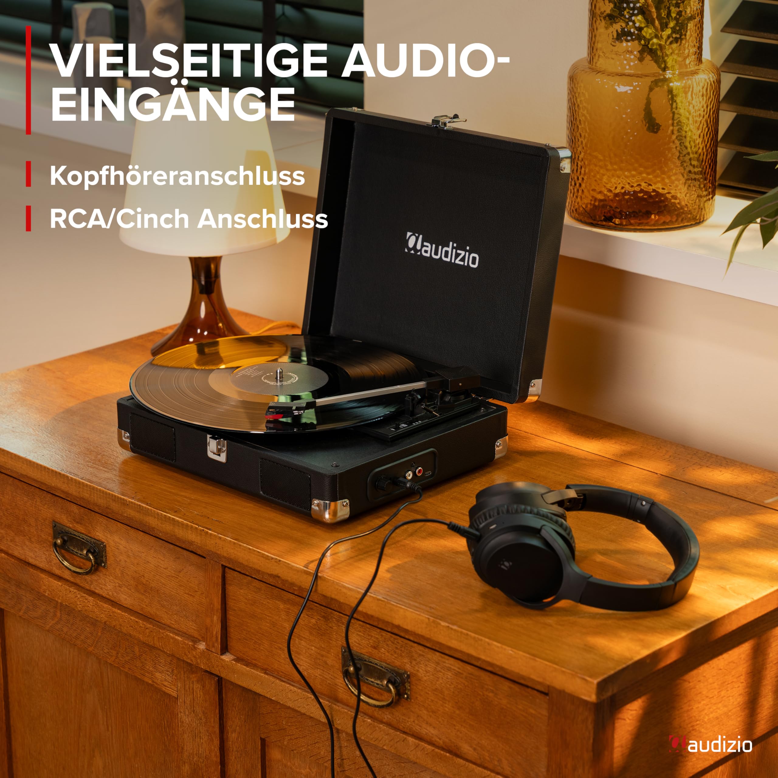 Audizio RP111BK - Koffer Plattenspieler mit Lautsprecher | Autostopp | 33/45/78 RPM | RCA | Kopfhöreranschluss | Schallplattenspieler Retro | Turntable Vinyl Player | Gramofon Record Player, Schwarz