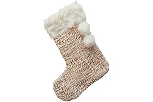 Creative Co-Op Fabric Boucle Stocking with Faux Fur Trim Poms