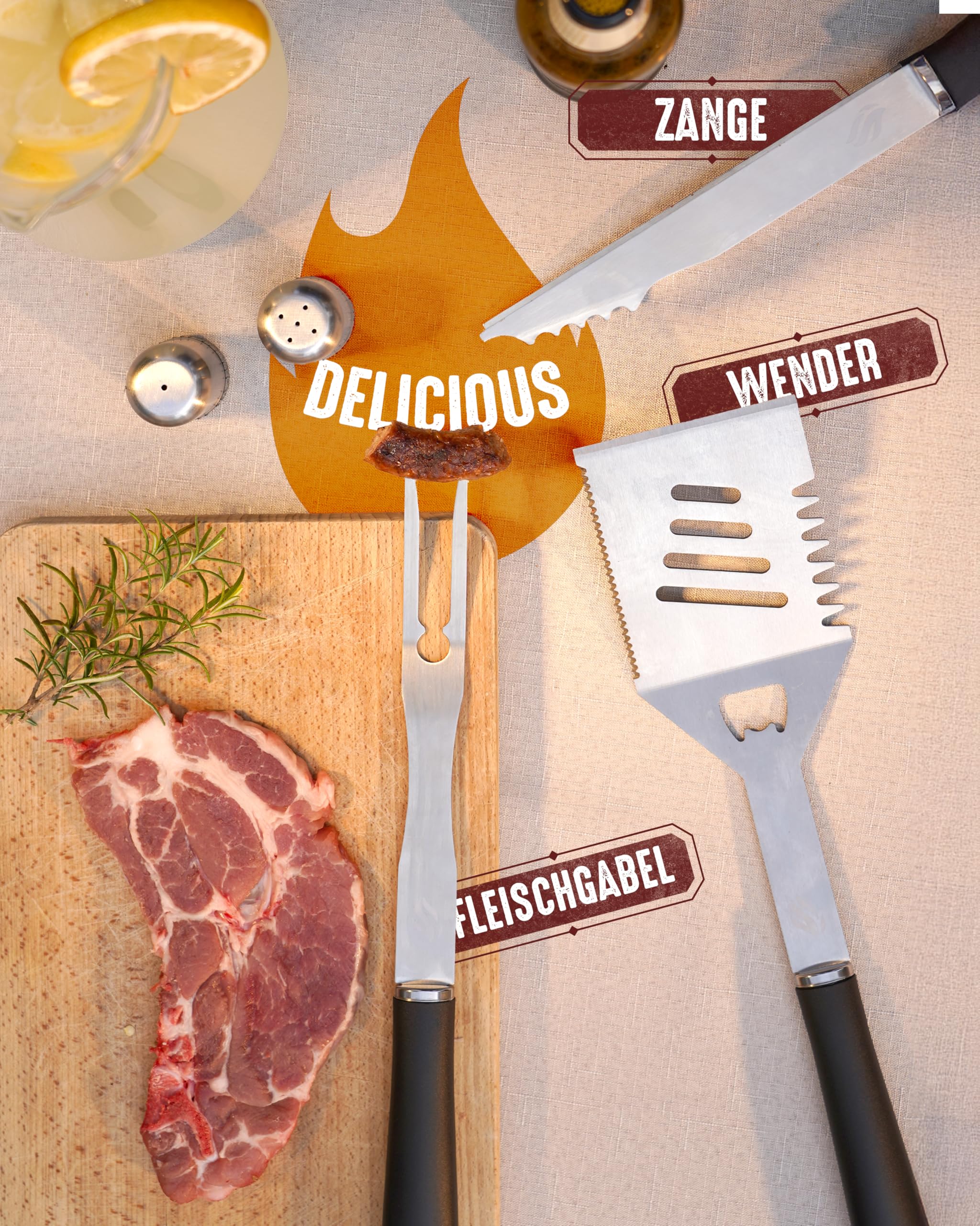 HORUS 23® – Grill Set mit Grill Zubehör aus Edelstahl, Oxford-Schürze, Hitzeschutzhandschuh und Grillmatte - Geschenke für Männer Grillen