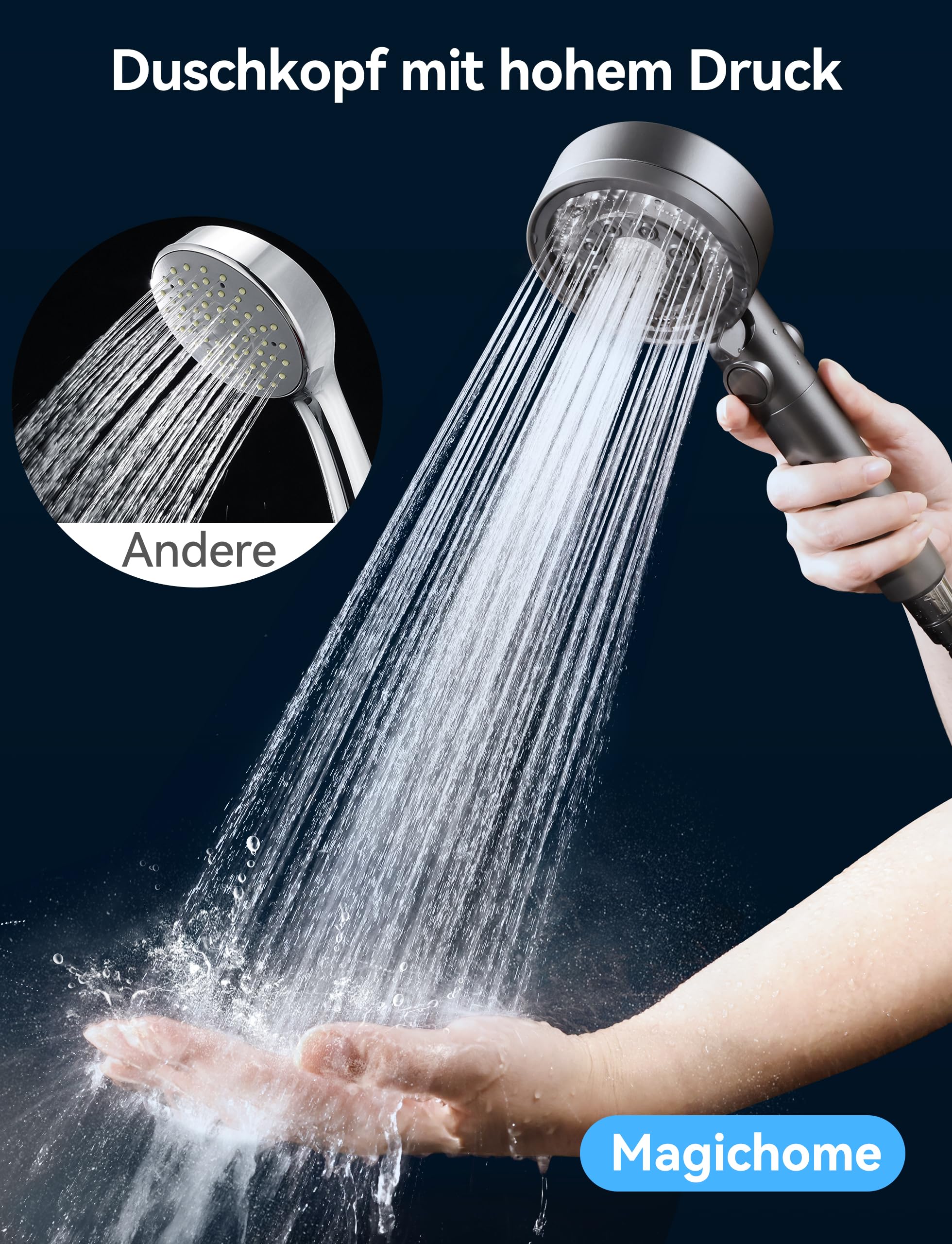 Magichome Soffione Doccia Anticalcare con Filtro a 20 Fasi, Alta Pressione Soffione Doccia, Kit Doccia con Tubo da 1,5 Metri (Nero)