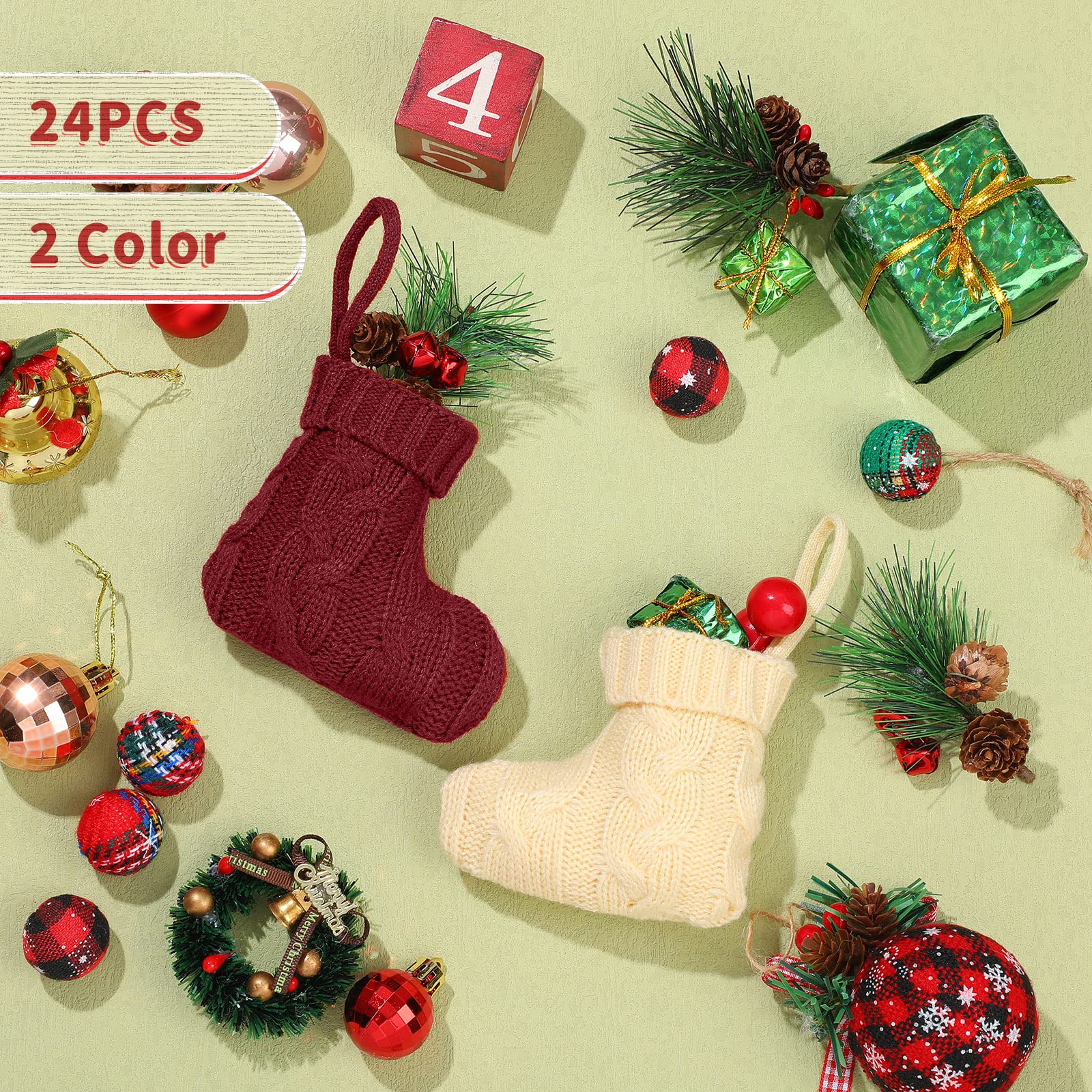Jerify 24 Mini Calze Natalizie Lavorate A Maglia - 9 Cm, Rosso Vino E Beige, Per Albero, Camino E Decorazioni Fai-da-te