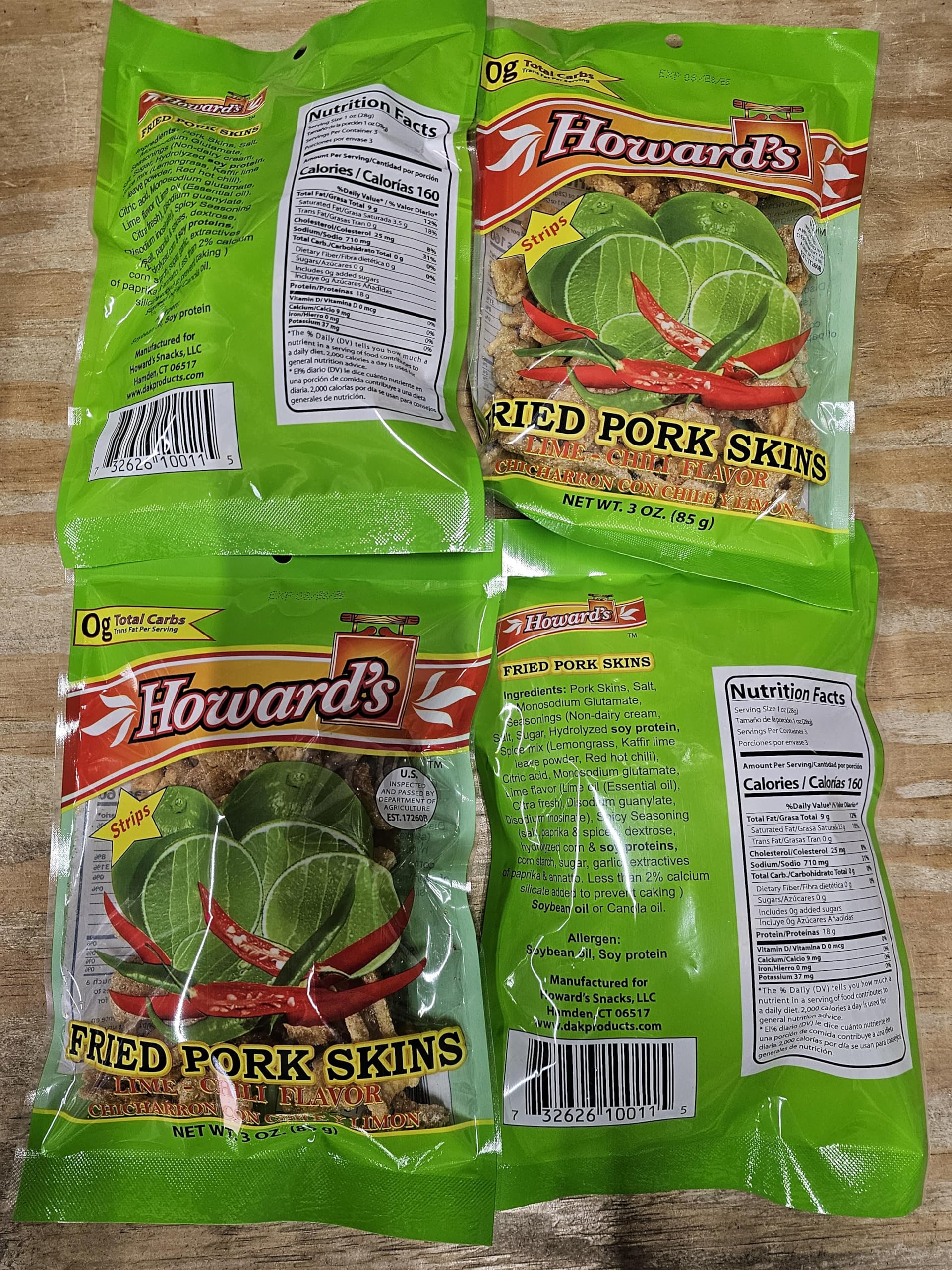 Howard's Fried Pork Skins Strips (Lime Chili) (Pack of 6)