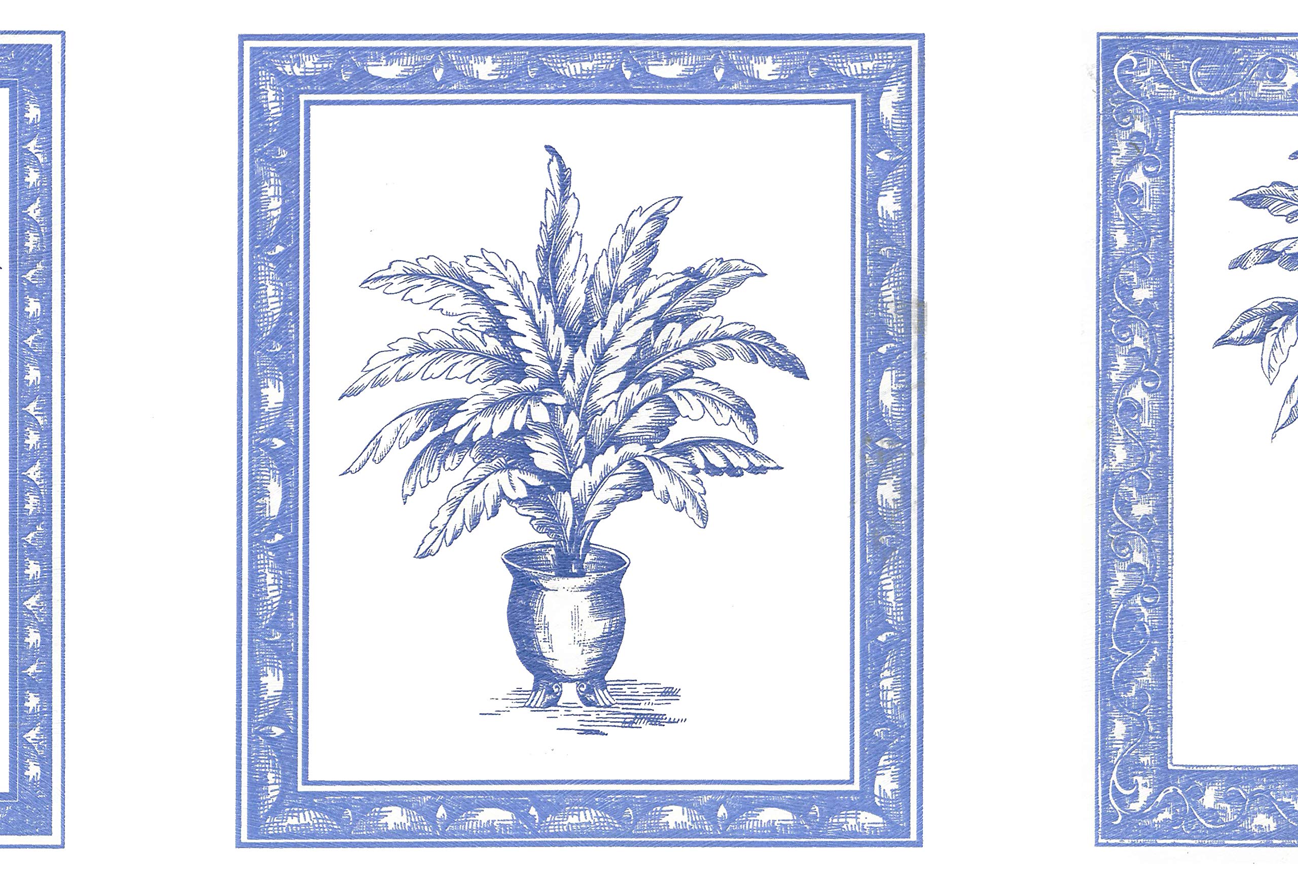 Dundee Deco Blue,Beige Bd6083 Prepasted Wallpaper Border - Vintage Beige, Blue Stylized Flowers In Pots Wall Border Retro Design, 15 Ft X 7 In (4.57M X 17.78Cm)