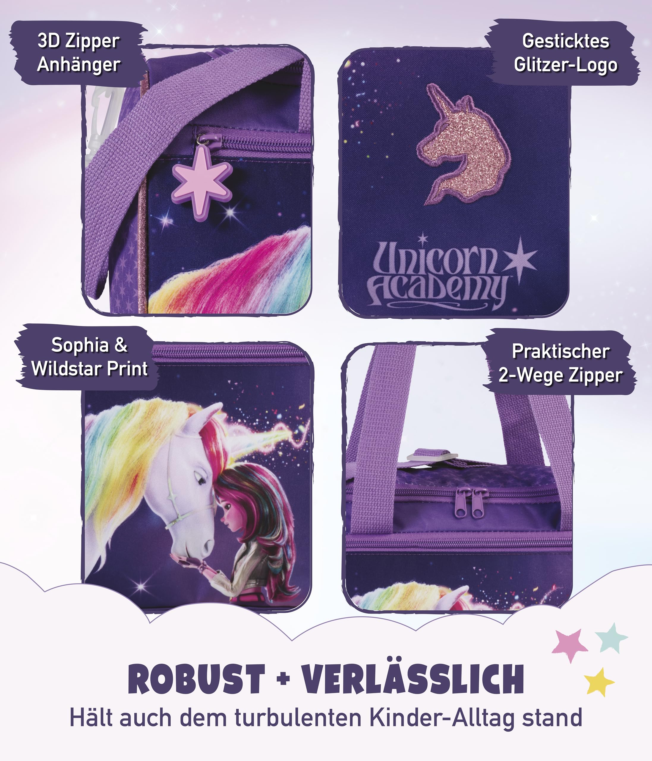 Unicorn Academy Borsa sportiva da bambina, 12 l, con scomparto principale con cerniera e tasca anteriore, tracolla regolabile e 2 manici, design unicorno viola, 22 x 36 x 19 cm, 320 g, borsa leggera