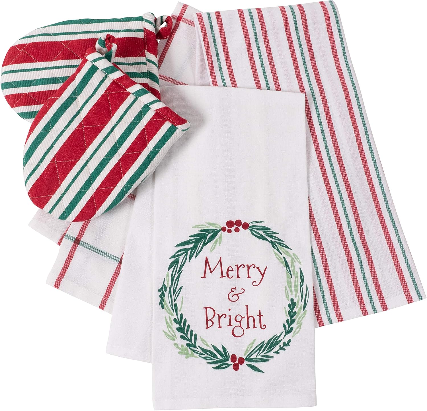 KAF Home Set of 5 Holiday Kitchen Linen Set 3 Kitchen Towels (18 x 28 Inches) & 2