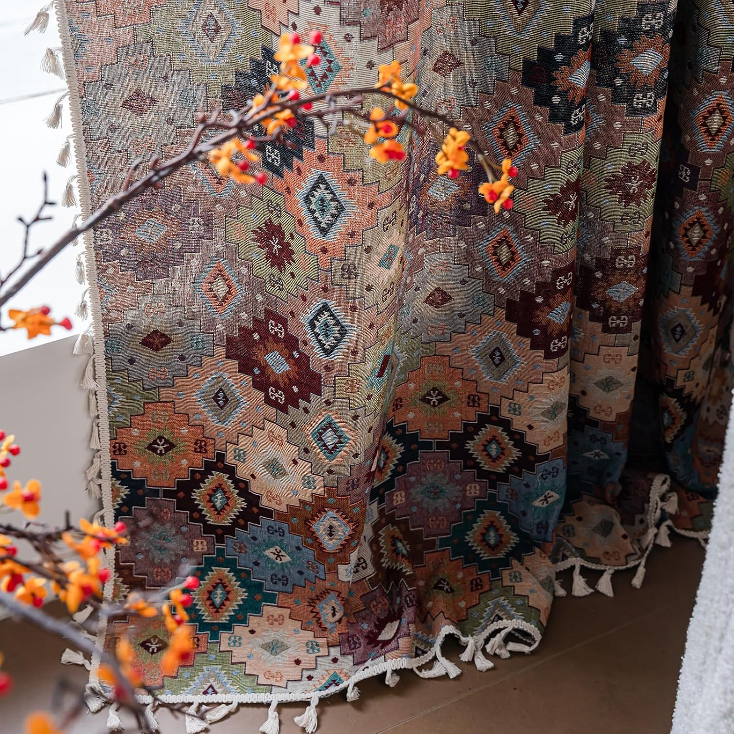 vctops Boho Semi-Blackout Curtains 2 Panels Set 86 Inches Long for Bedroom Living Room Light Filtering Thermal Insulated Geometric Tapestry Textured Drapes with Tassels (Orange,59"x86")