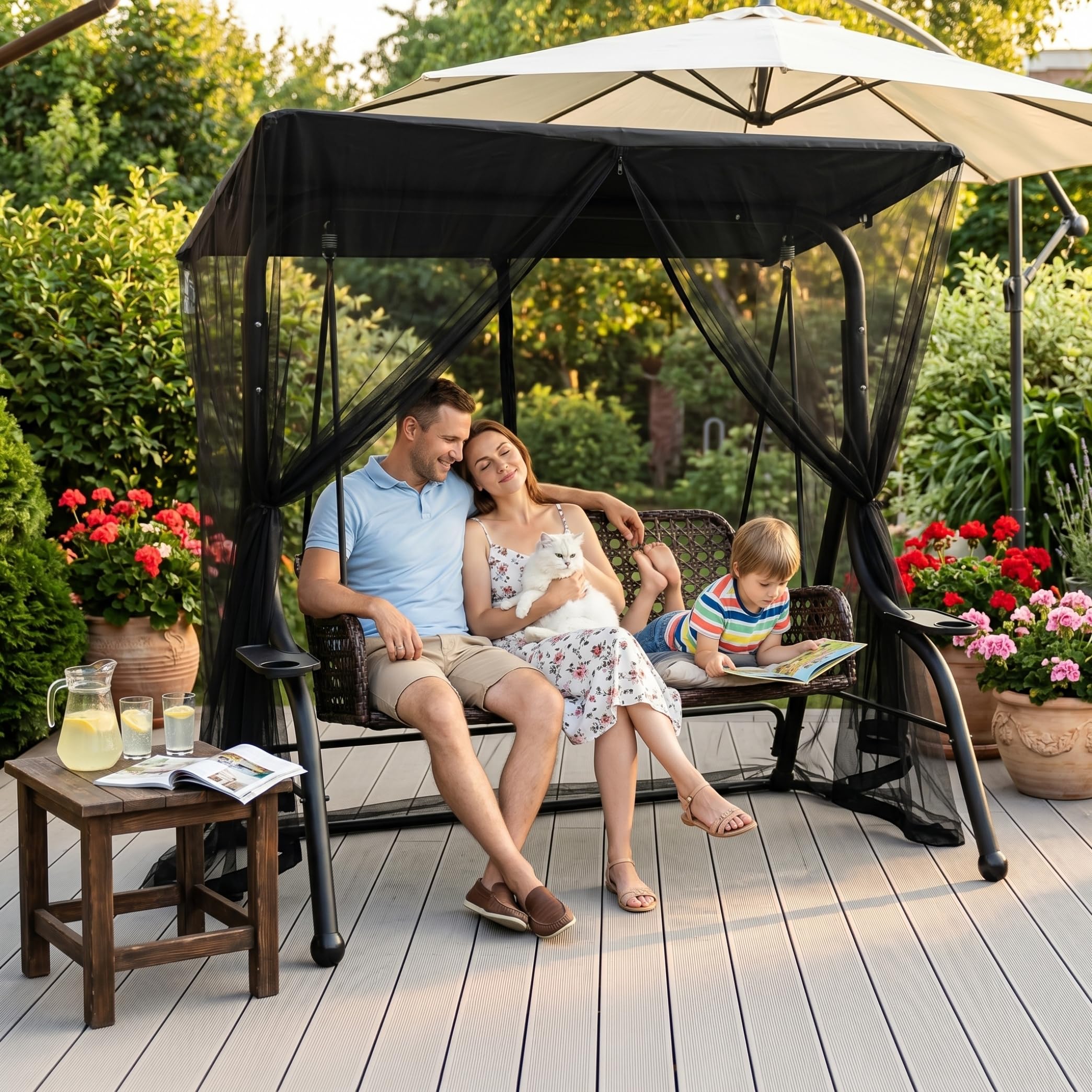 Moustiquaire de terrasse pour Porche, balancelle 3 Places avec auvent imperméable, Anti-Insectes, Noire, 2 m (6, 73 pi)