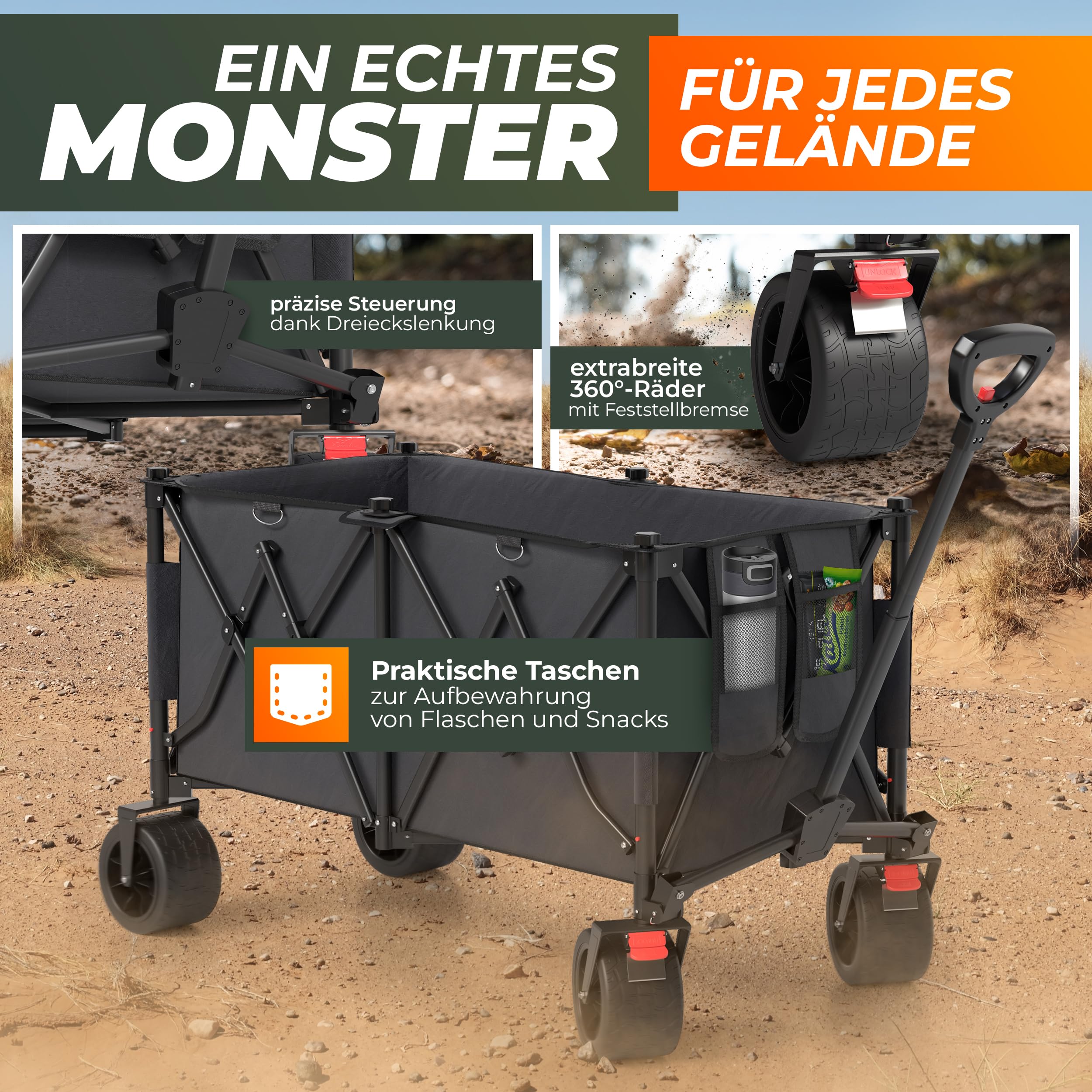 BigDean XXL Bollerwagen faltbar mit Dach 260L belastbar 150kg Dicke Reifen | Robuster Bollerwagen faltbar extra breite Reifen für jedes Gelände